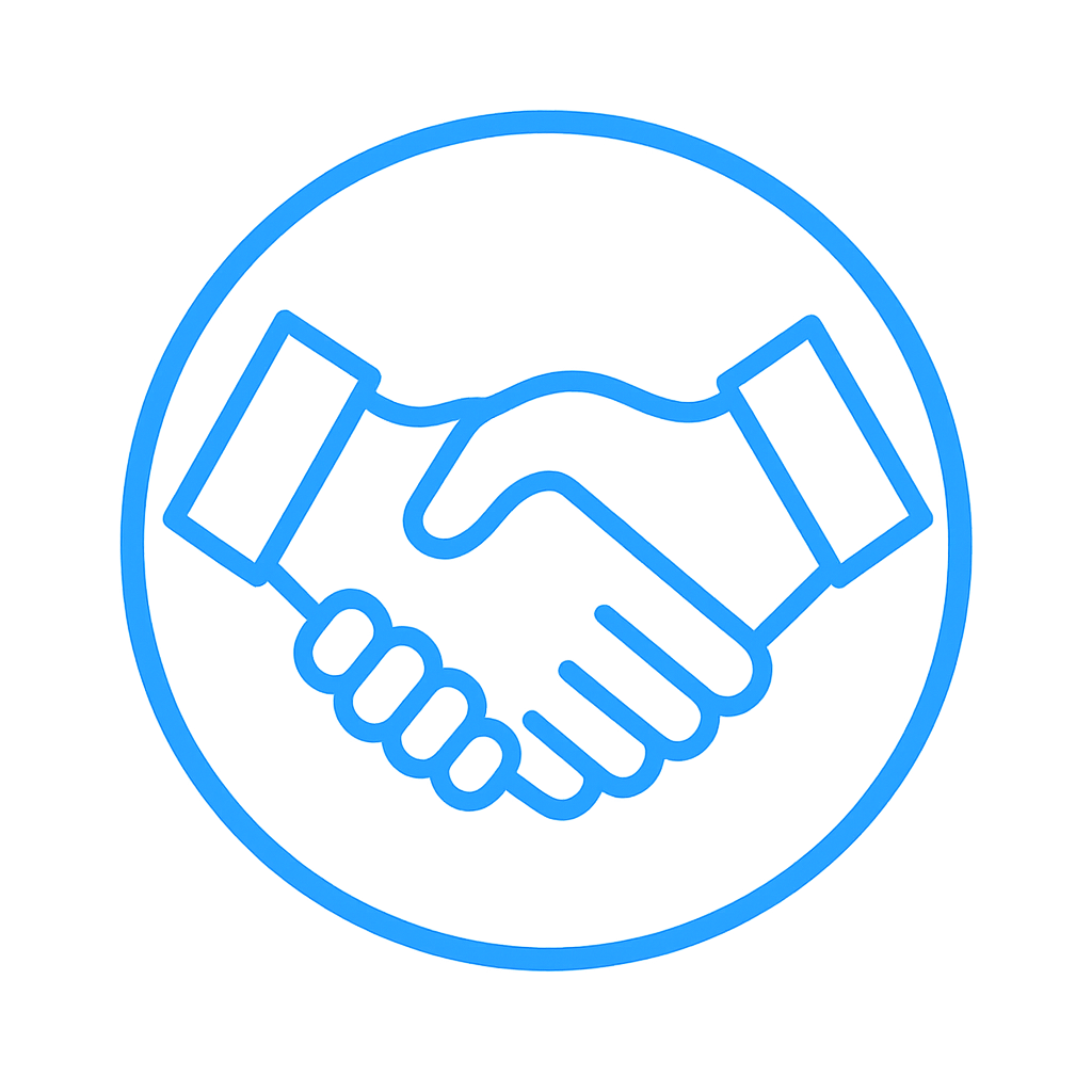 Blue neon sign of a handshake inside a circle, symbolizing agreement or partnership.