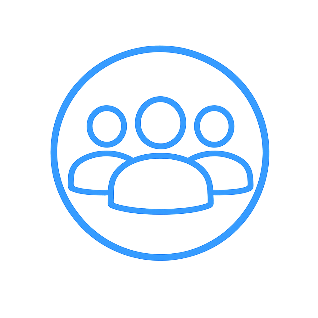 Blue outline icon of three people inside a circle, representing a group or community.