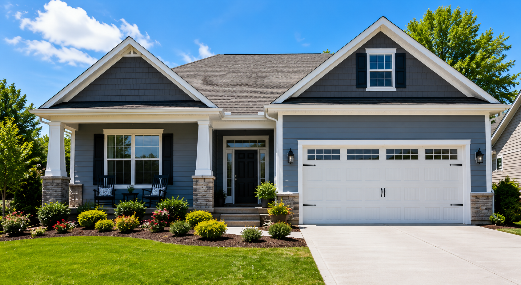 A two-story blue house with a gray shingle roof, white trim, black shutters, and a white garage door, surrounded by a well-maintained lawn and colorful flower beds under a bright blue sky.