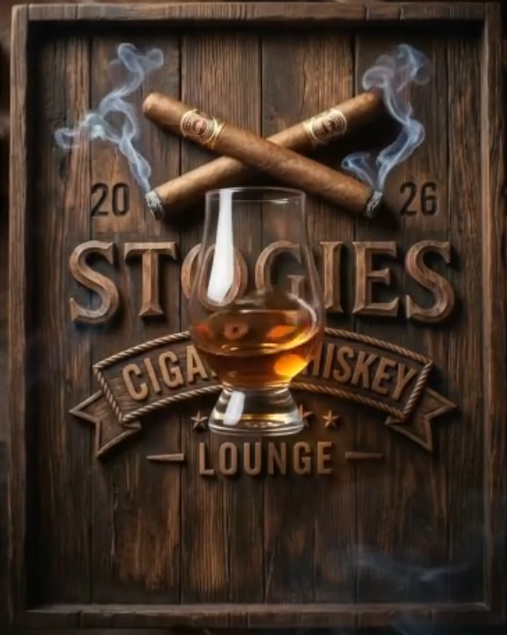 Wooden wall with three lit cigars emitting smoke, a glass of whiskey, and text reading "20 STORIES CIGAR WHISKEY LOUNGE".