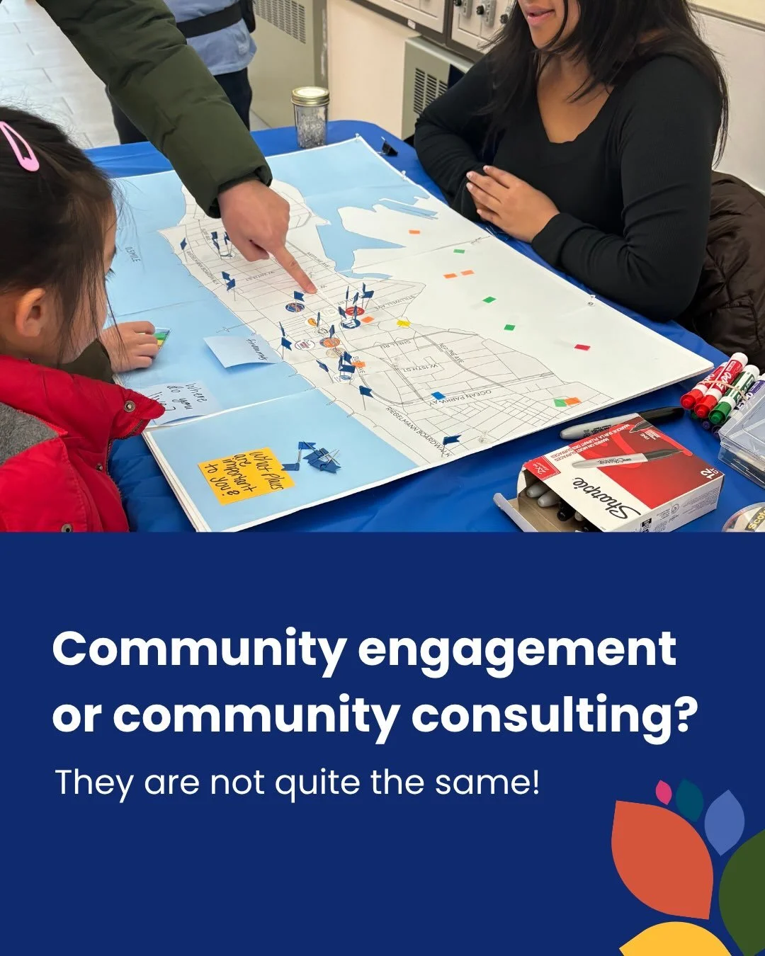 Community engagement and community consulting can overlap, but they serve different purposes.

Engagement often focuses on bringing people into a project and gathering their input.

Community consulting goes a step further: understanding the communit