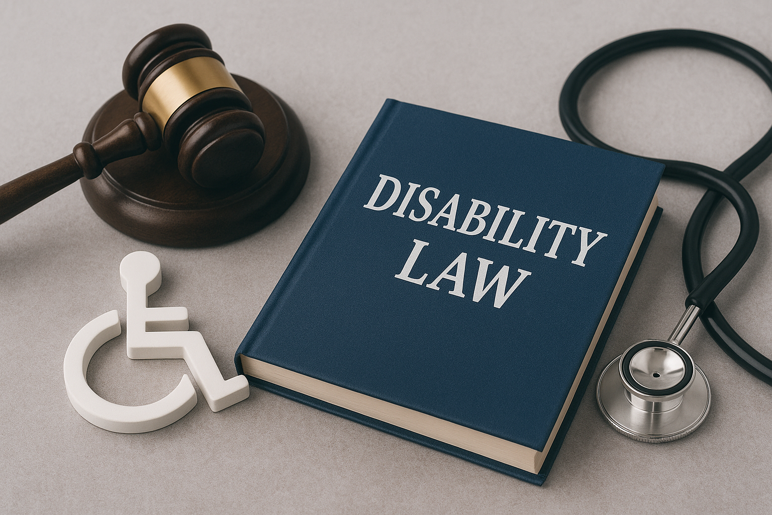 A gavel, a stethoscope, a book titled 'Disability Law', and a wheelchair icon on a gray surface.
