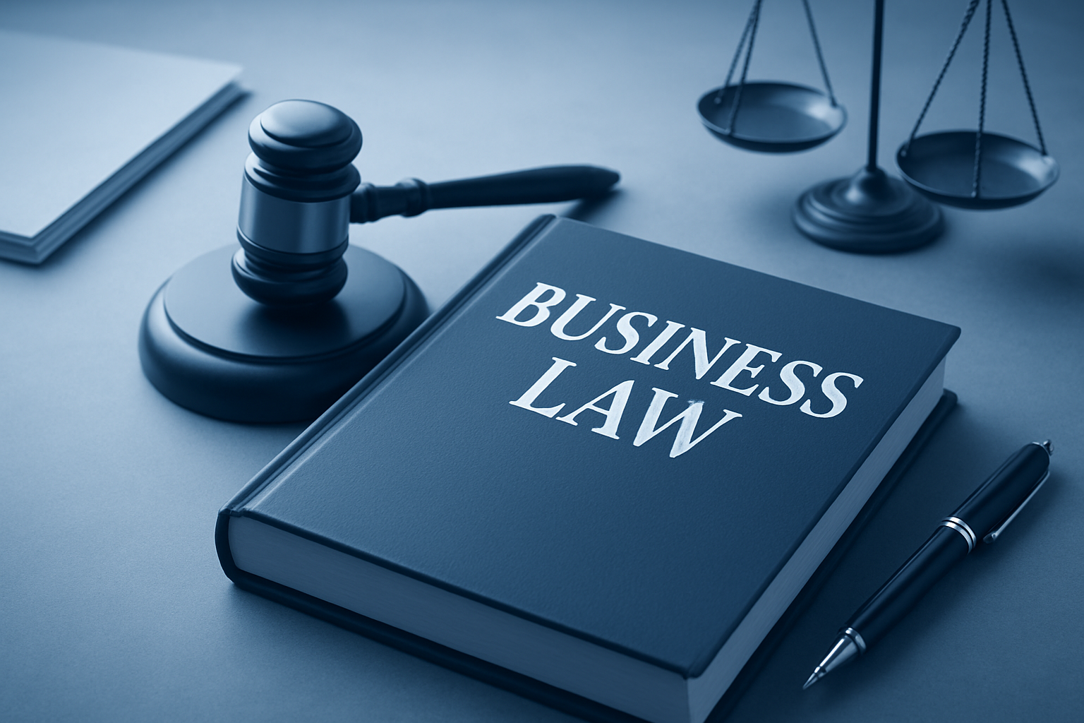 Legal book titled 'Business Law' with gavel, scales of justice, pen, and legal documents on a desk.