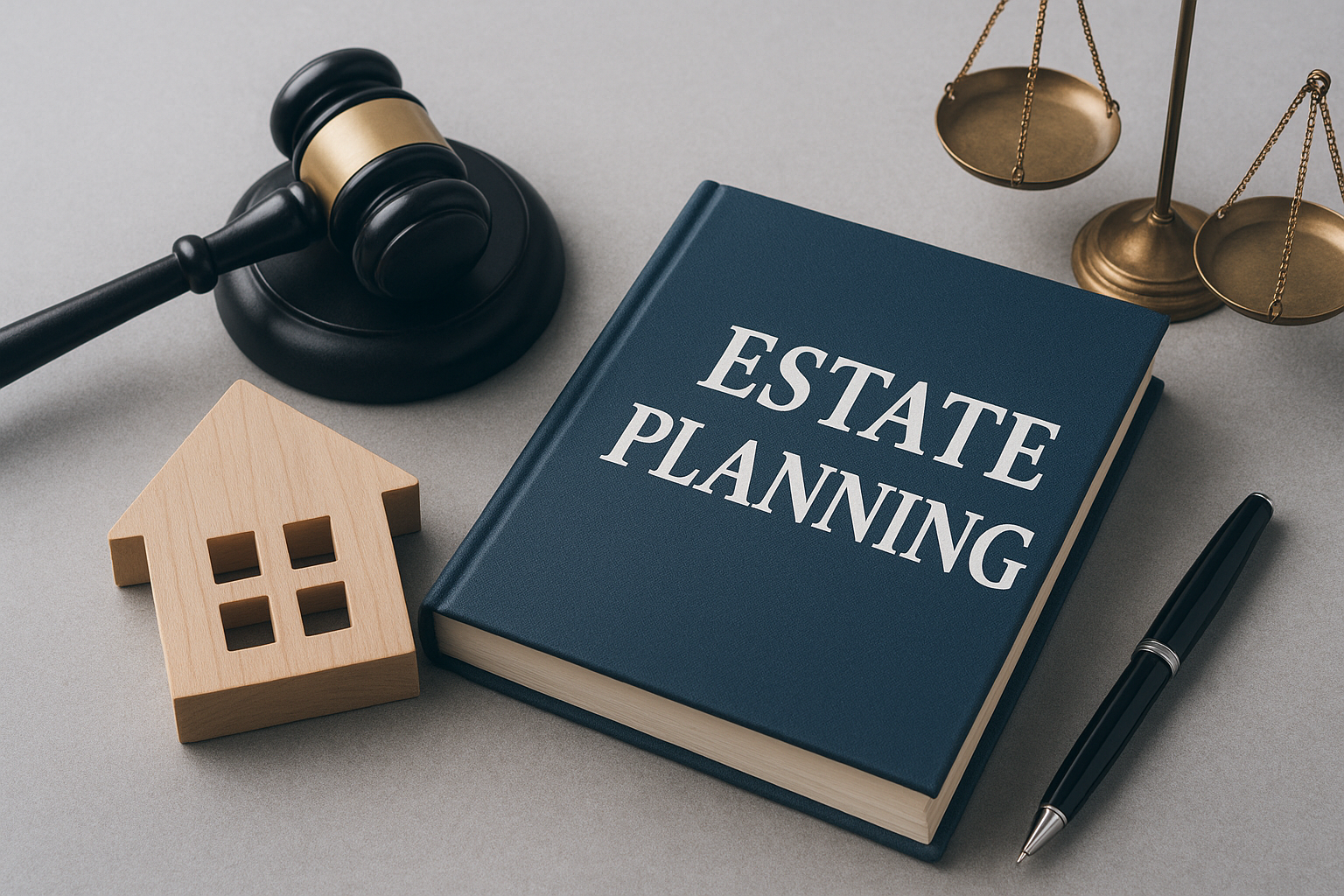 A book titled 'Estate Planning' surrounded by a gavel, a small wooden house model, a balance scale, and a pen on a gray surface.