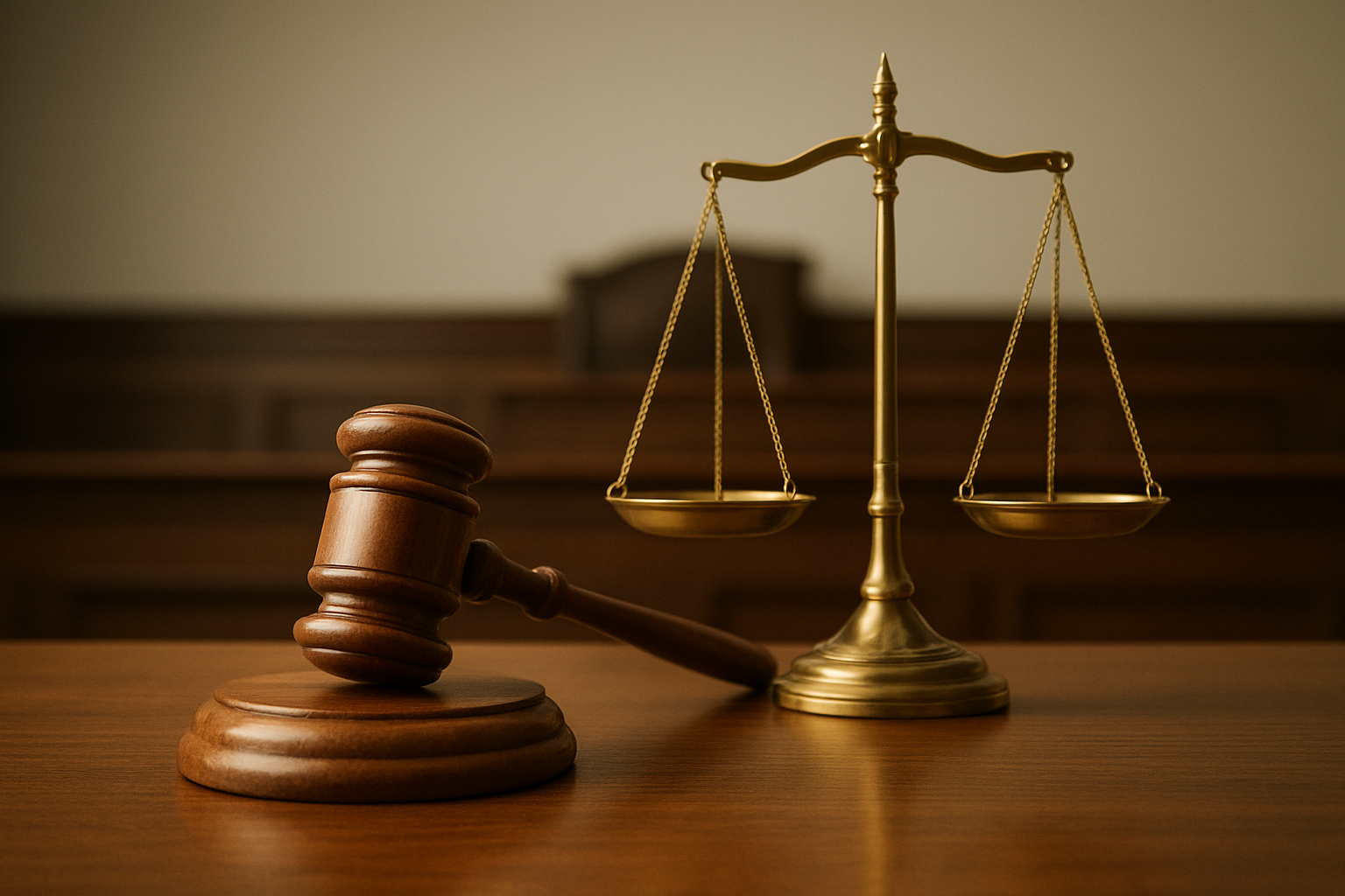 A wooden gavel and a brass balance scale on a wooden table in a courtroom setting.