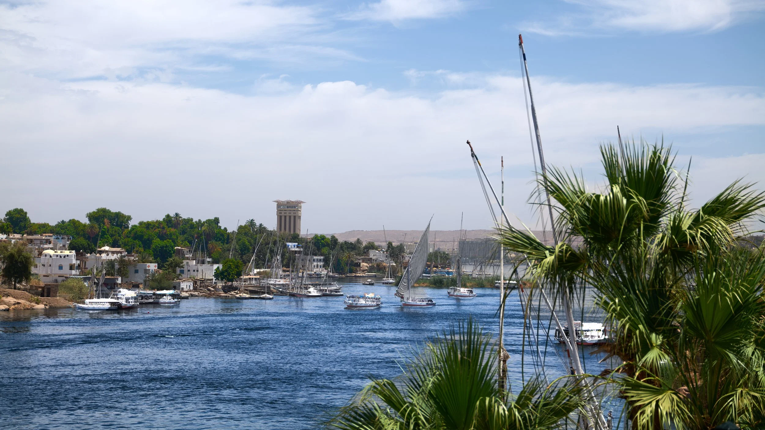 The Nile River in Aswan, winding gracefully through desert landscapes and verdant islands
