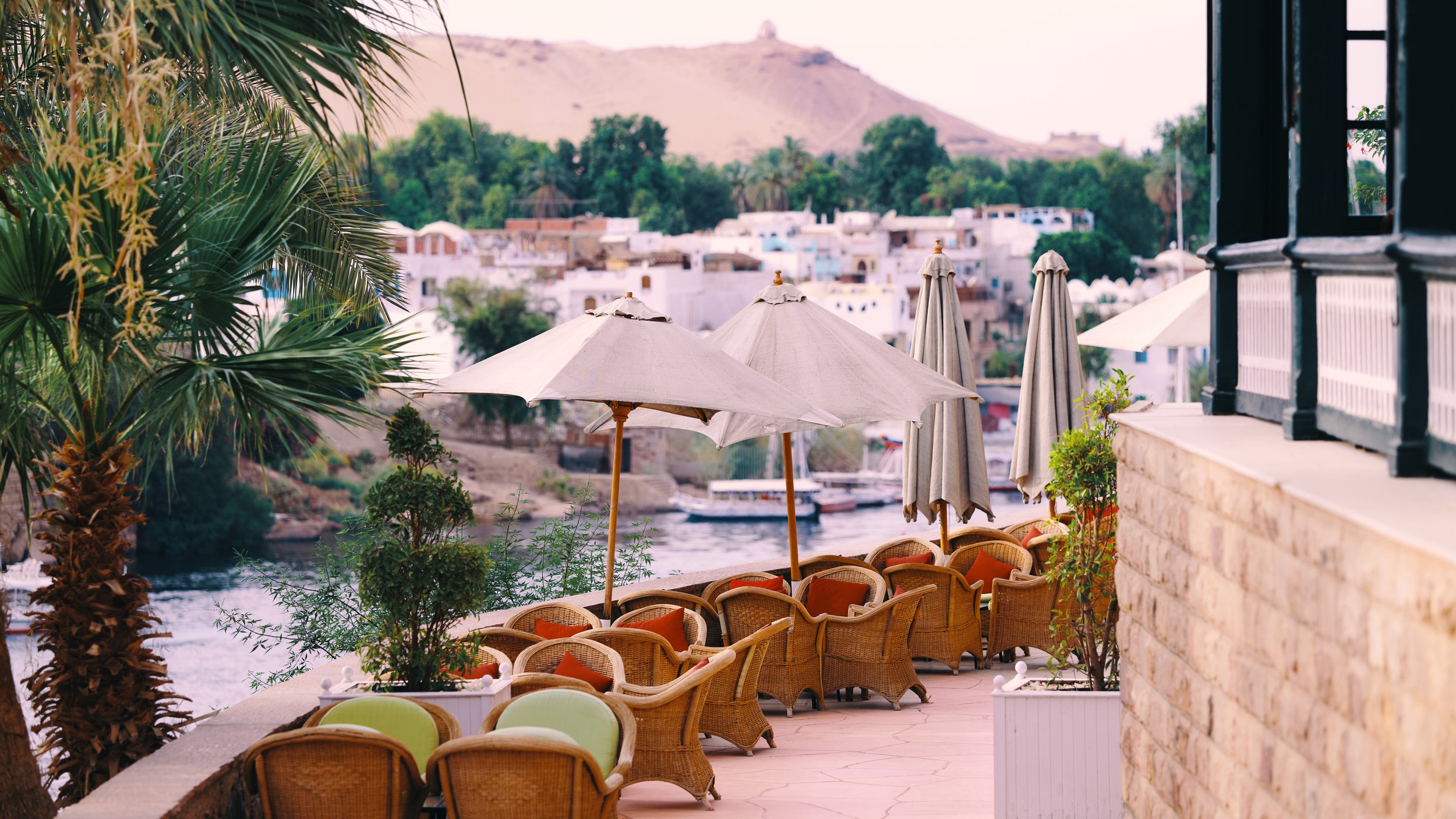 The view from the Sofitel Hotel in Aswan, overlooking the serene Nile and its surrounding islands
