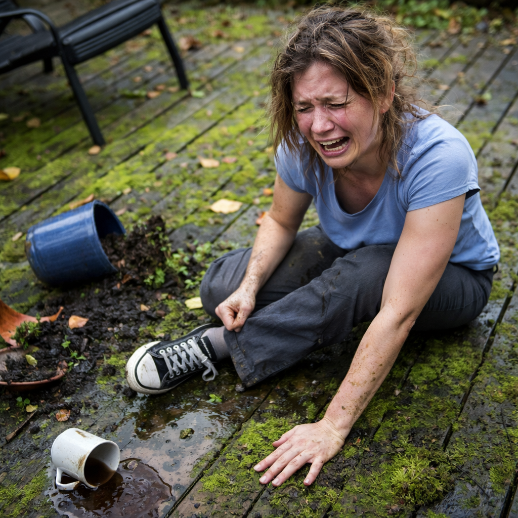 Woman slipped on algae and moss on deck