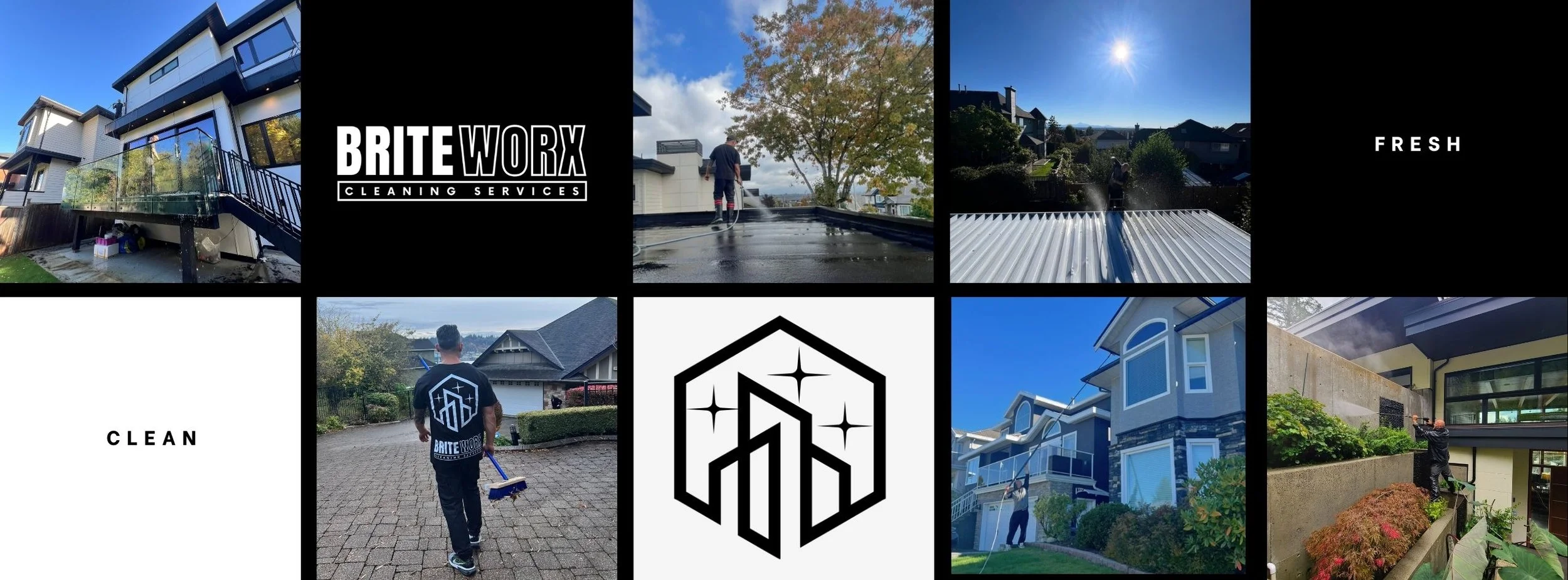 Briteworx crew performing exterior cleaning services mixed in with company logo to form website banner