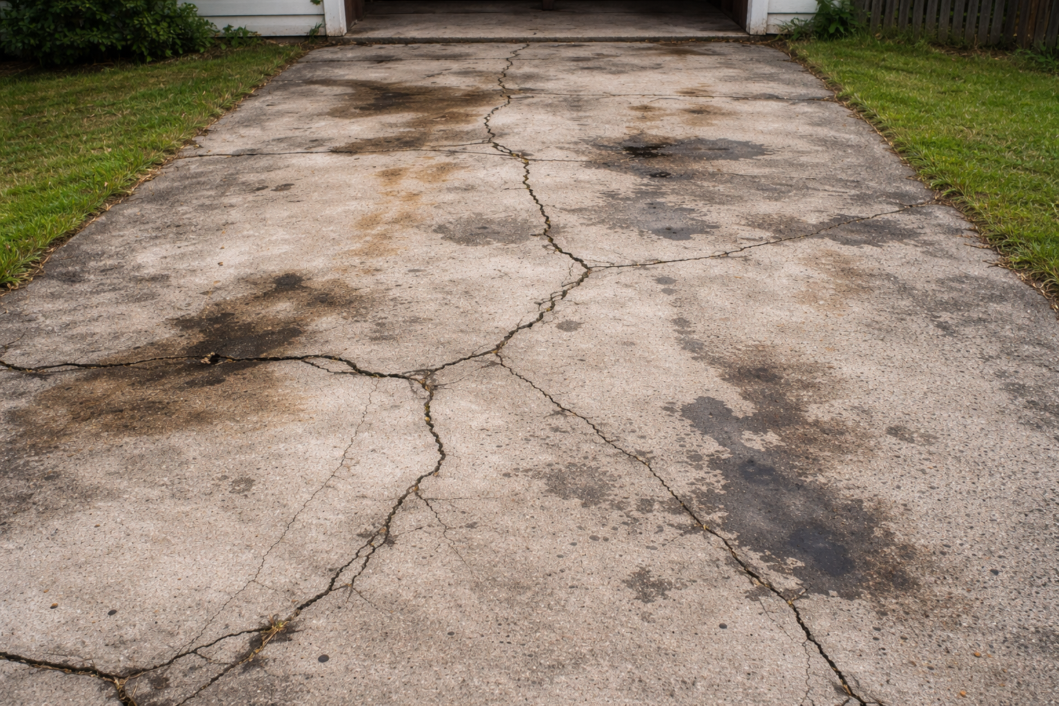 Cracked and stained driveway