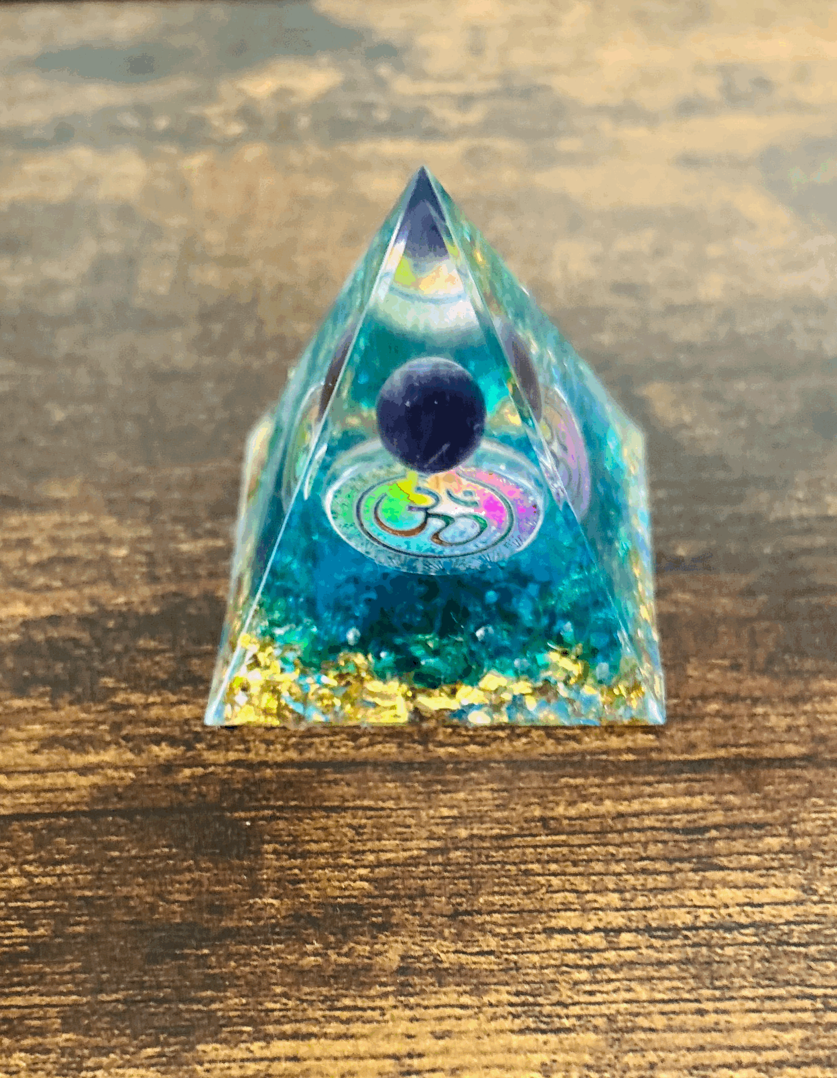 Om Blue Quartz Orgonite Pyramid with Amethyst Crystal Sphere