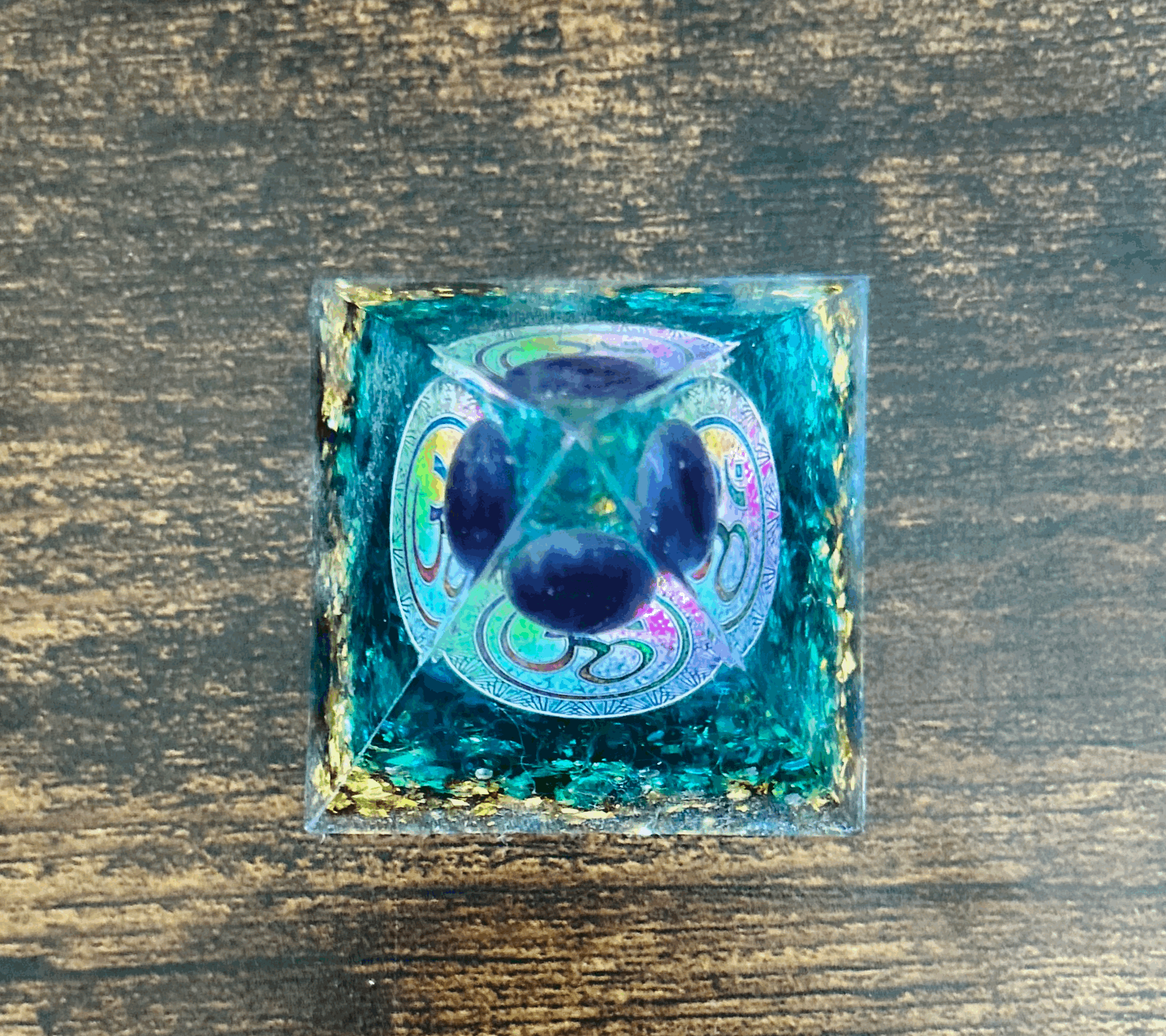 Om Blue Quartz Orgonite Pyramid with Amethyst Crystal Sphere