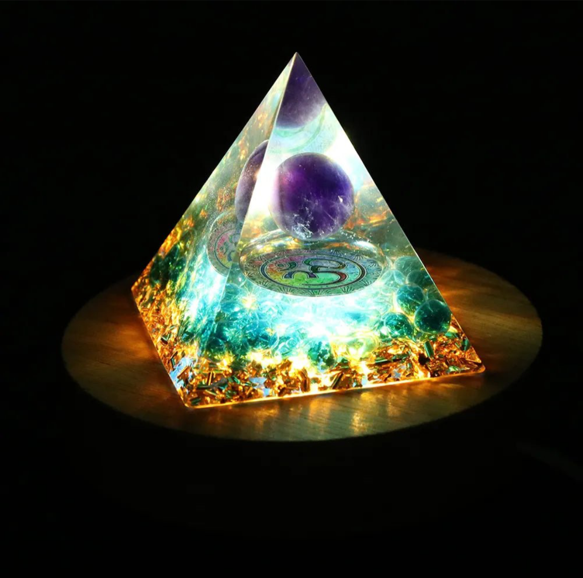 Om Blue Quartz Orgonite Pyramid with Amethyst Crystal Sphere