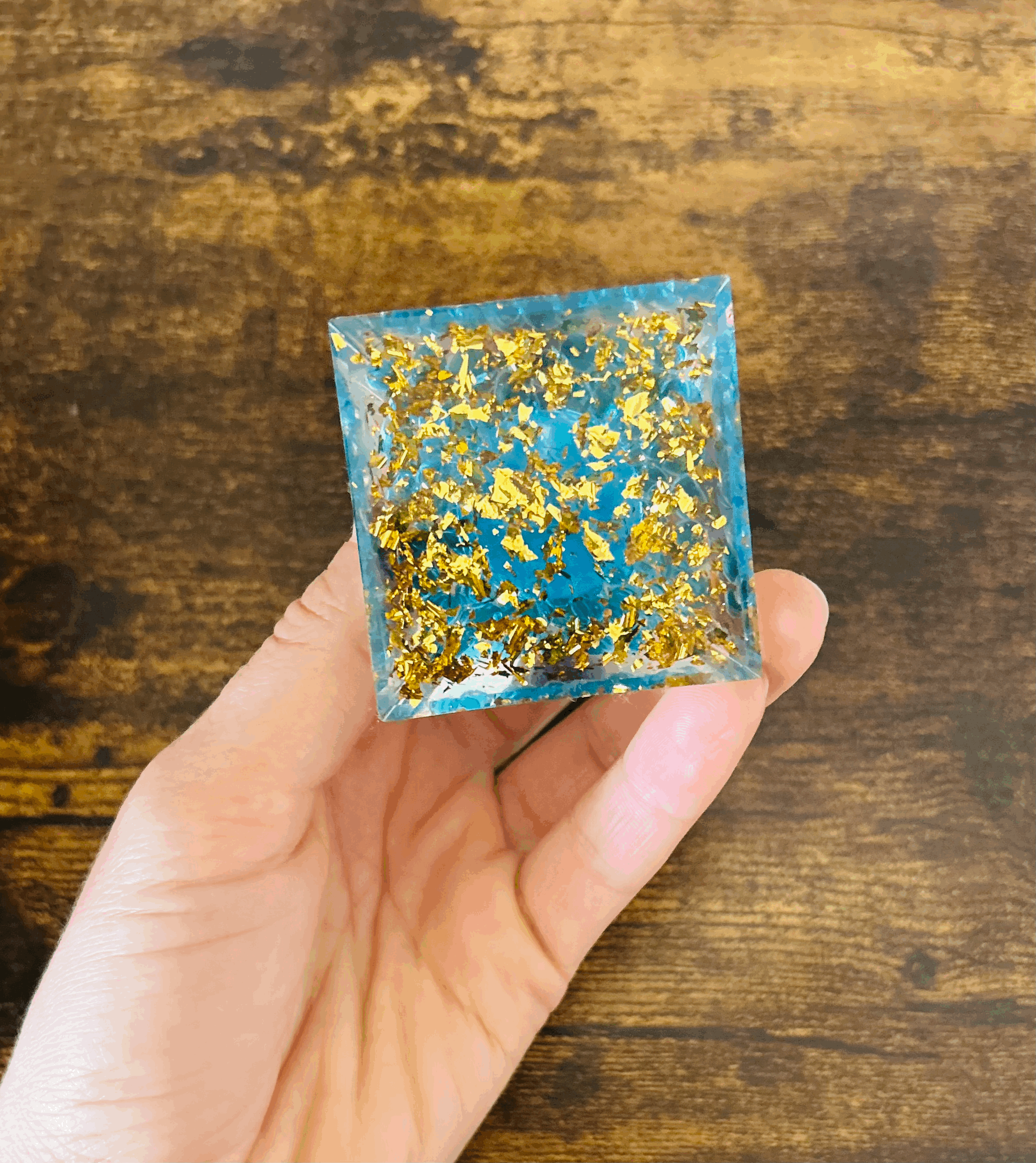 Om Blue Quartz Orgonite Pyramid with Amethyst Crystal Sphere