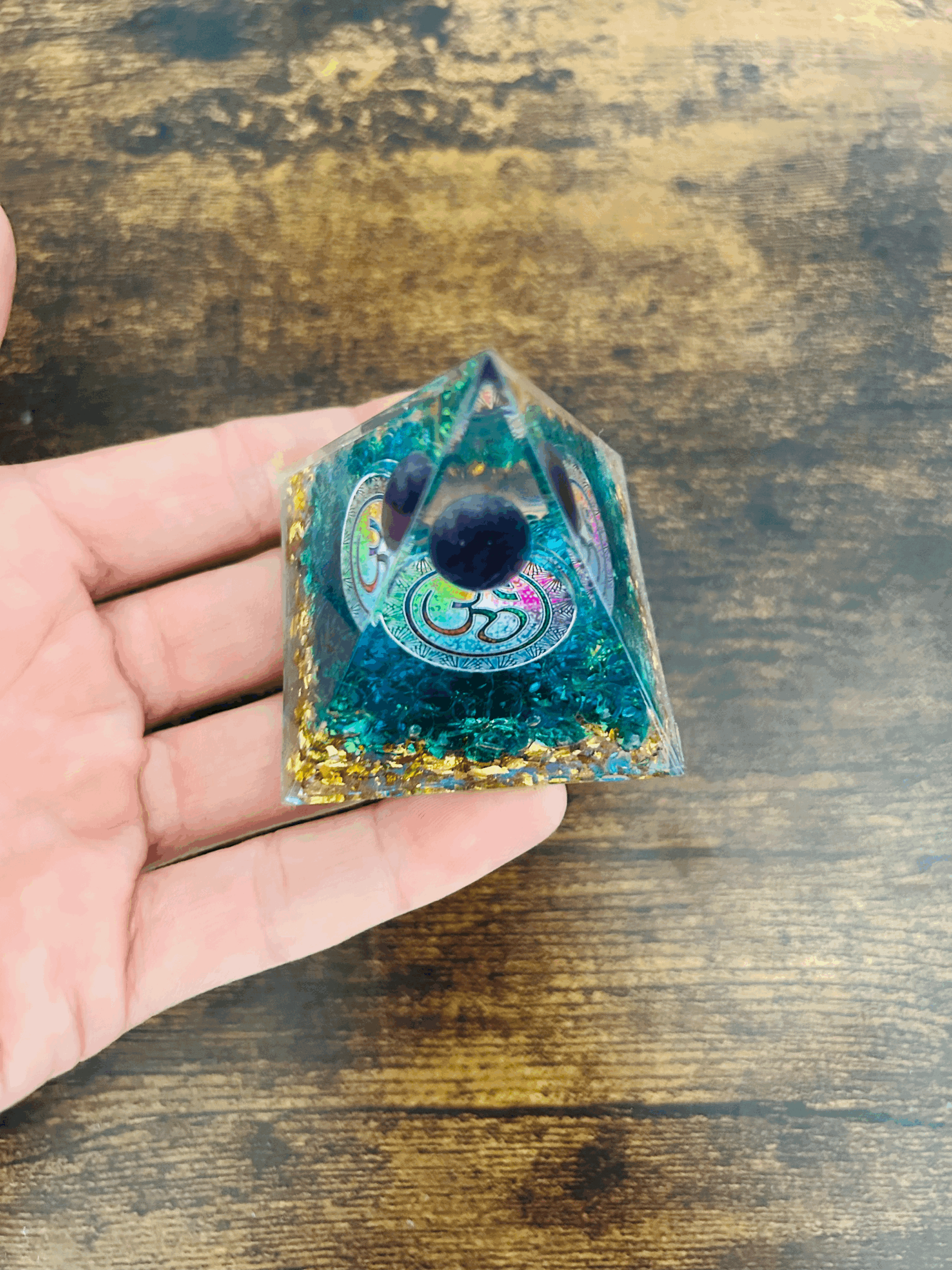 Om Blue Quartz Orgonite Pyramid with Amethyst Crystal Sphere