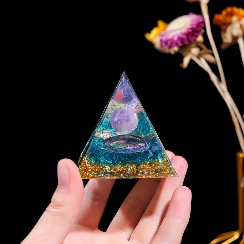 Om Blue Quartz Orgonite Pyramid with Amethyst Crystal Sphere