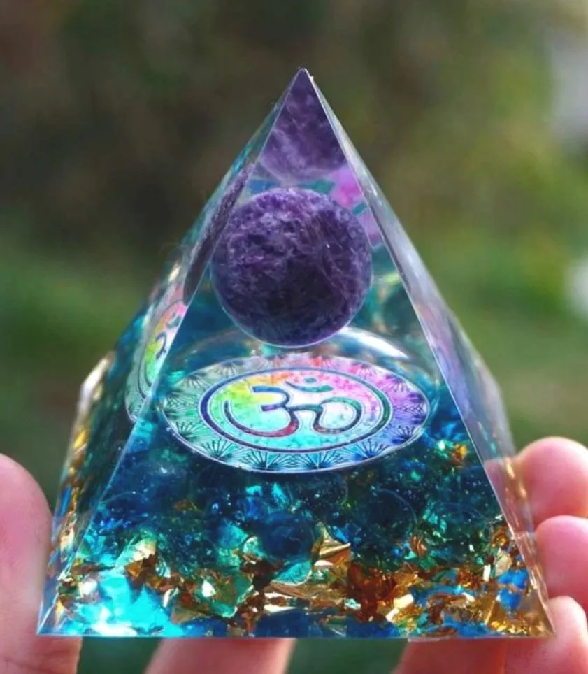 Om Blue Quartz Orgonite Pyramid with Amethyst Crystal Sphere