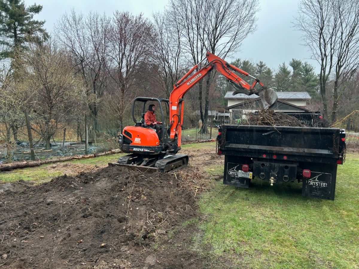 A person operating an orange Kubota mini excavator loading dirt and branches into a black dump truck on a grassy area.