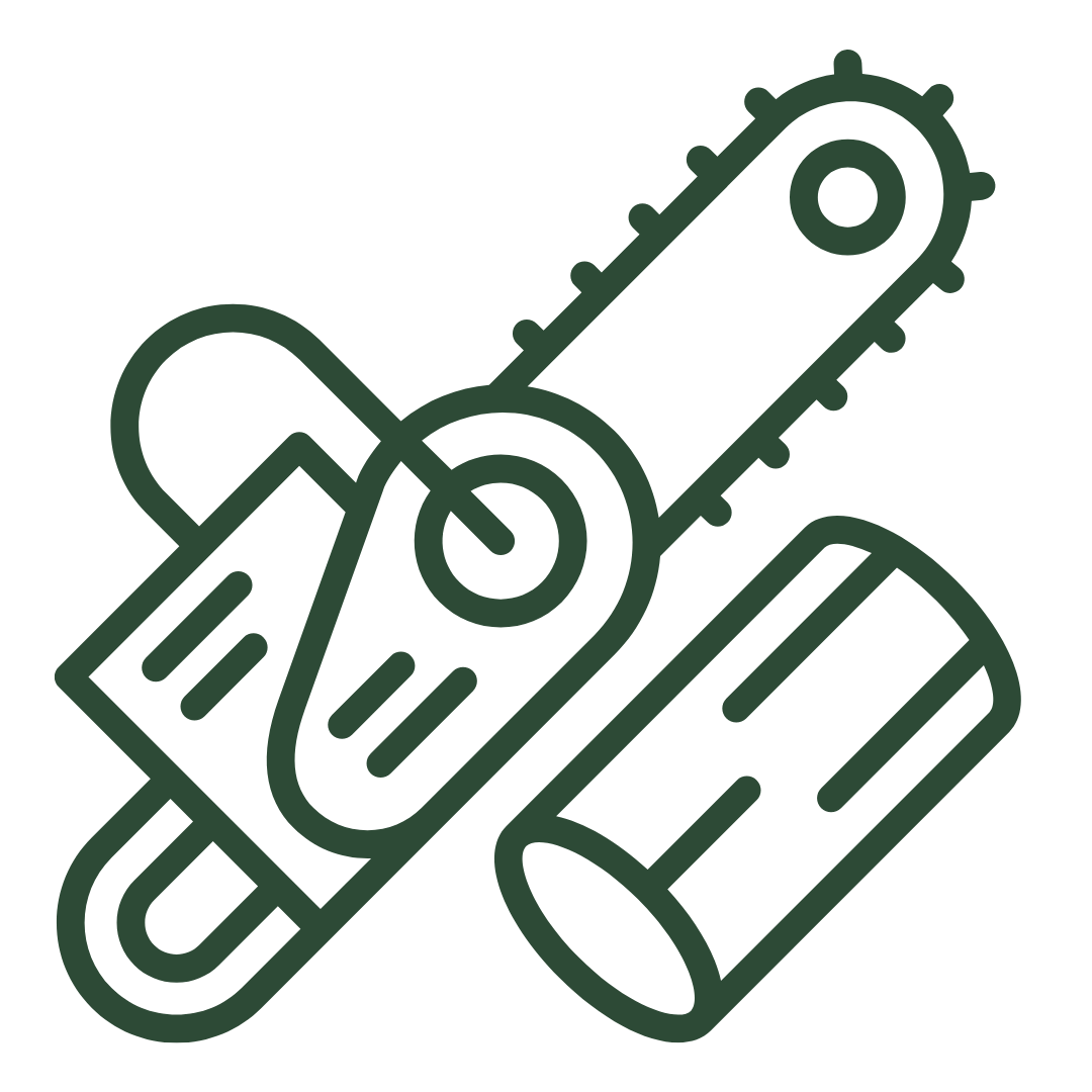 Outline drawing of a chainsaw with a detached guide bar and a section of the saw's body.