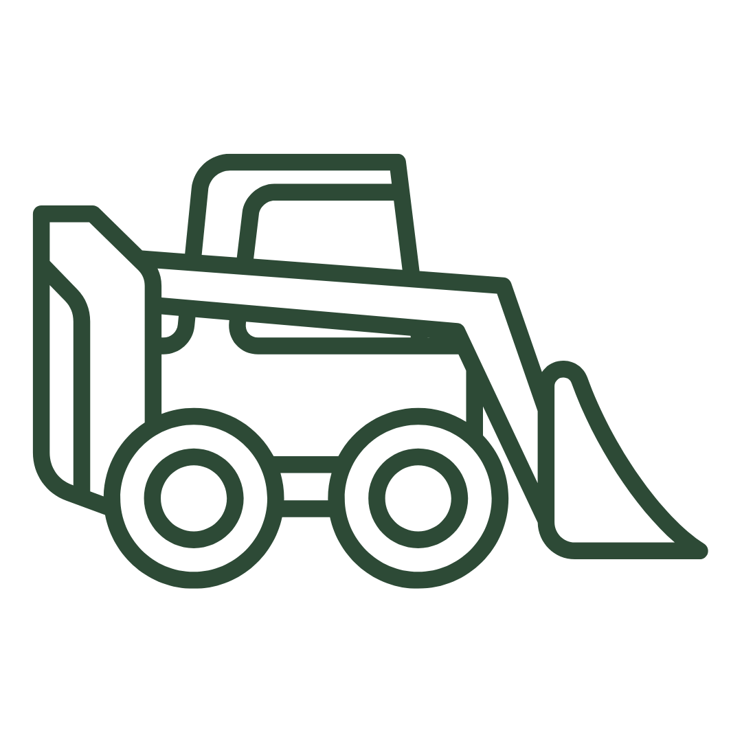 Minimalist line drawing of a skid-steer loader.