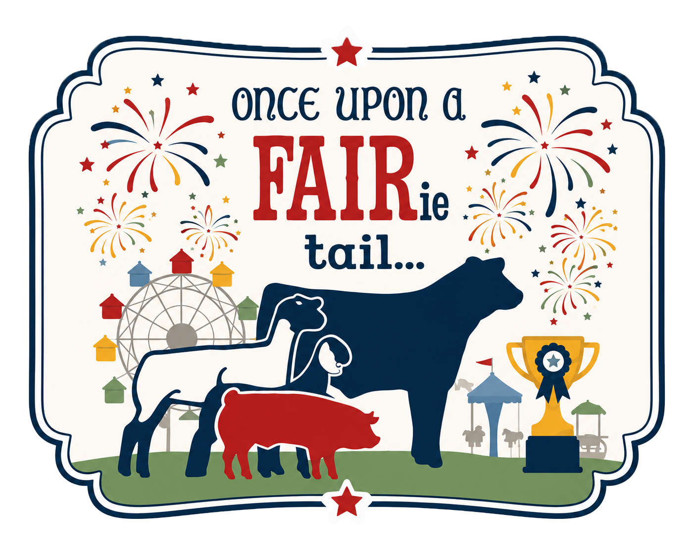 Fairground poster with silhouettes of a horse, cow, and pig, fireworks, Ferris wheel, carnival tents, and a trophy, themed around a fairytale setting.