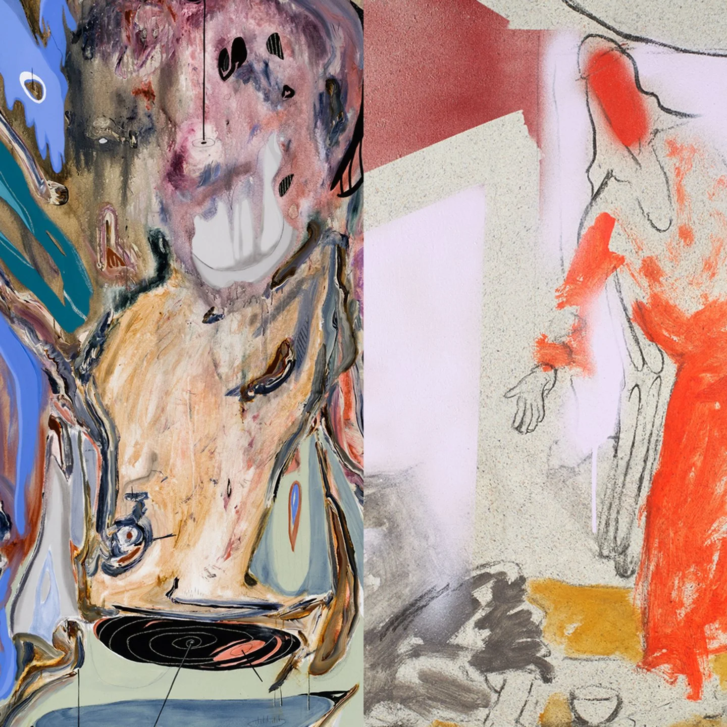 (left) Manuel Mathieu, The Prophetess 2, 2020, acrylic, chalk, and tape on canvas, 110 x 90 1 1/2 in. (right) Curtis Talwst Santiago,Saint Monix Mumala to the Lost and in Need, 2020, paint, spray paint, and charcoal on canvas, 32 x 32 in.