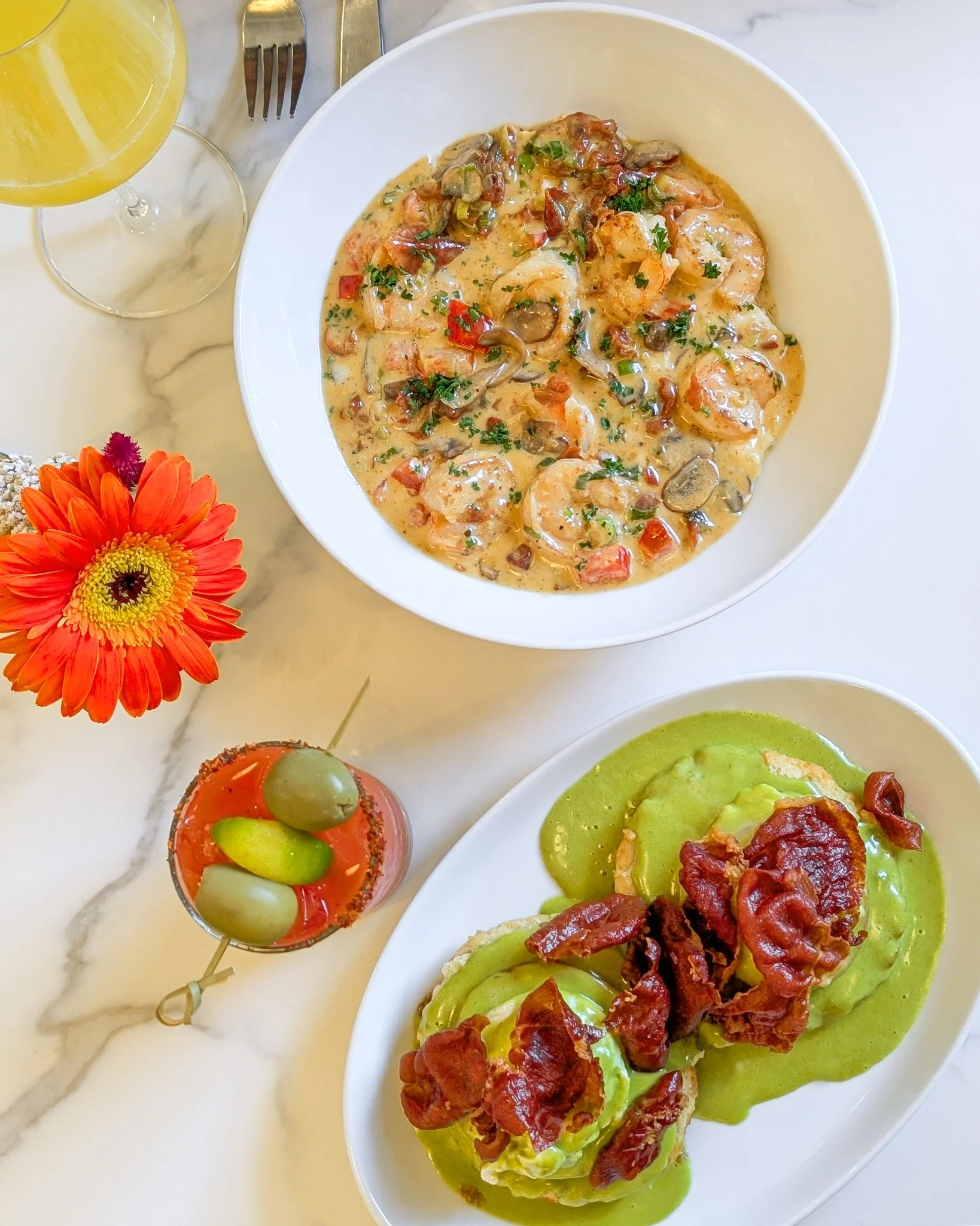 Weekend essentials: shrimp &amp; grits, benedicts, and something to sip. ✨