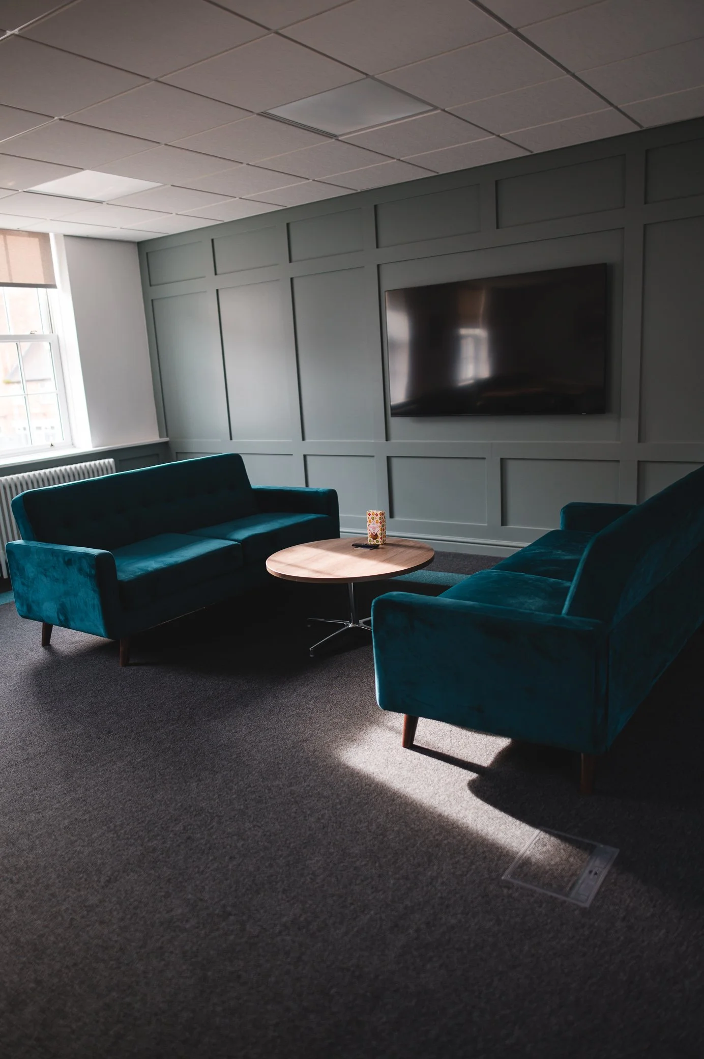 A cozy lounge area with two teal velvet sofas facing each other and a round wooden coffee table in between. There is a large flat-screen TV mounted on a paneled gray wall. Natural light coming through a window on the left, with a radiator below it. The room has dark carpet flooring.