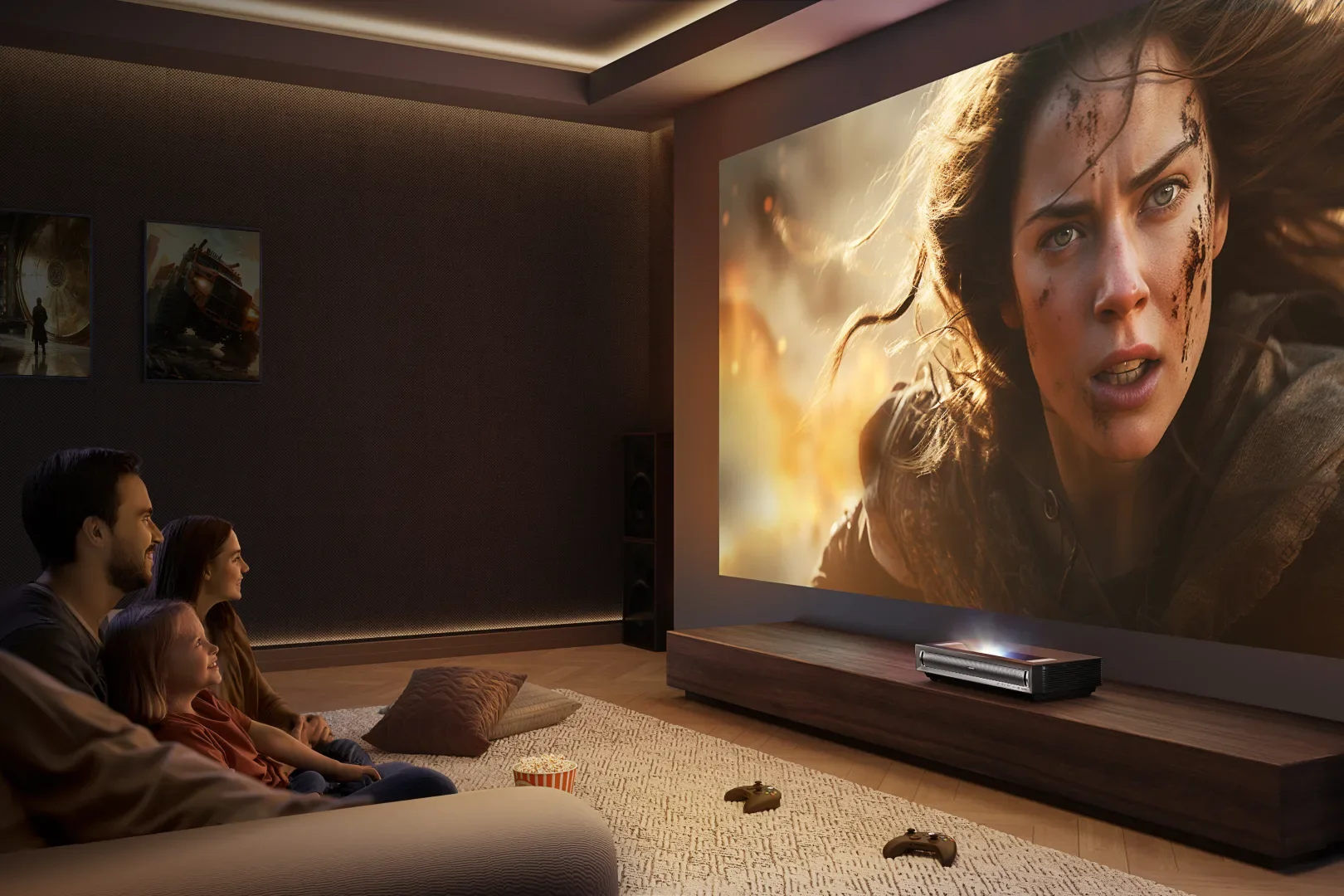 A family sits on a couch in a dark room, watching an action movie on a large projector screen with an epson lifestudio ultra short throw projector