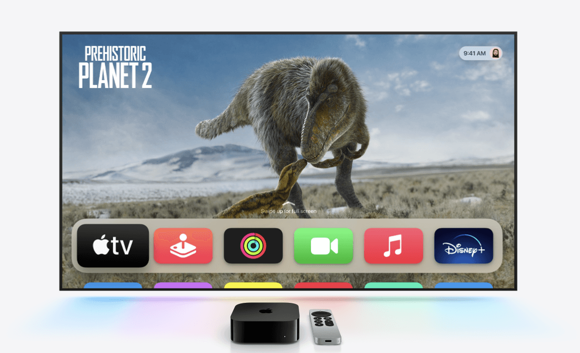 A TV screen displays Prehistoric Planet 2 with app icons below, plus an Apple TV device and remote in front.
