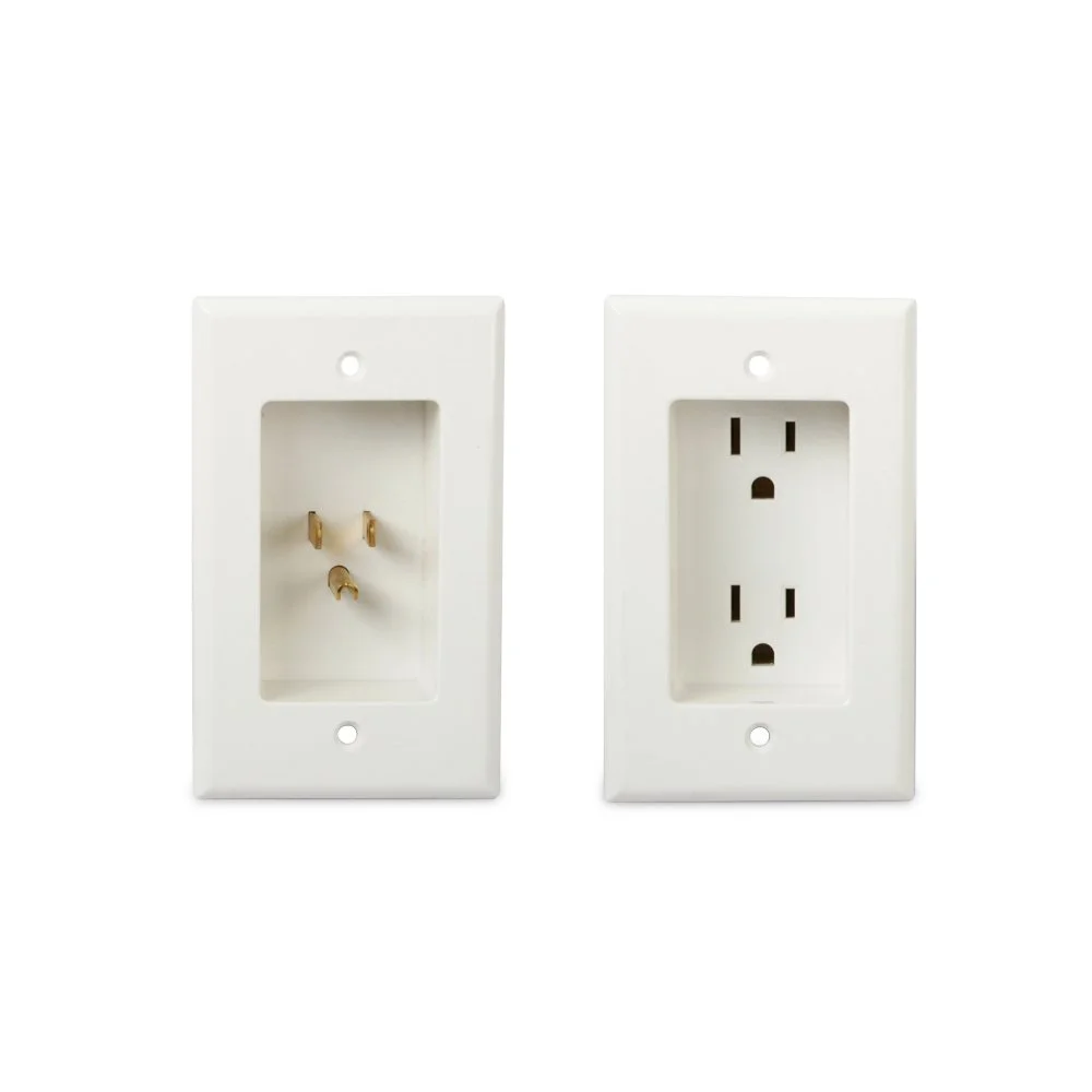 Two recessed white electrical wall outlets, one with three prongs and one with two sockets, shown side by side on a white background as an in wall extension kit