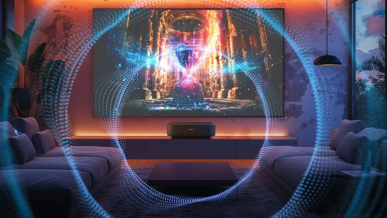 A modern living room with a large projector screen displaying vibrant colors, surrounded by sound waves, creating an immersive audio-visual effect.