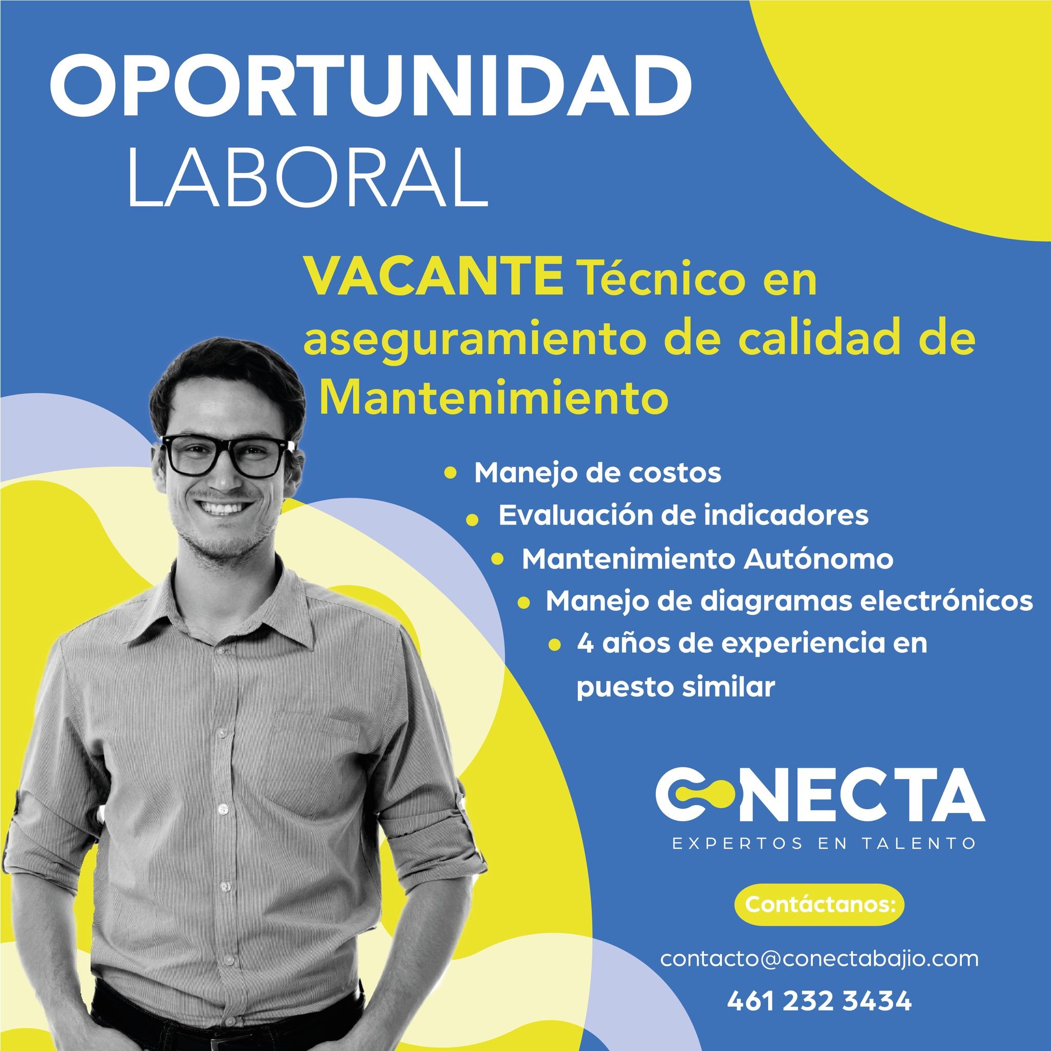 🔍 &iexcl;S&eacute; parte del cambio en la industria automotriz!
 En Conecta buscamos un T&eacute;cnico en Aseguramiento de Calidad de Mantenimiento para una reconocida empresa del Baj&iacute;o.
💼 Requisitos:
 ✅ Manejo de costos
 ✅ Evaluaci&oacute;n