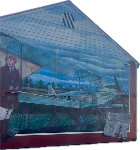 blue and green painting with white propeller plane in the center and large image of woman in brown flight jacket, khaki pants, and brown leather boots