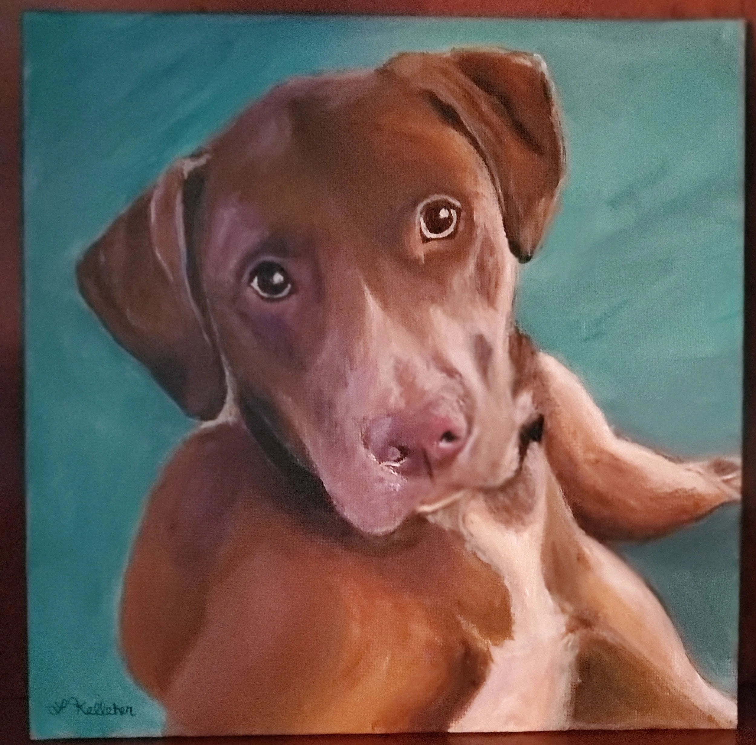 Painting of a brown dog with expressive eyes, sitting against a teal background.