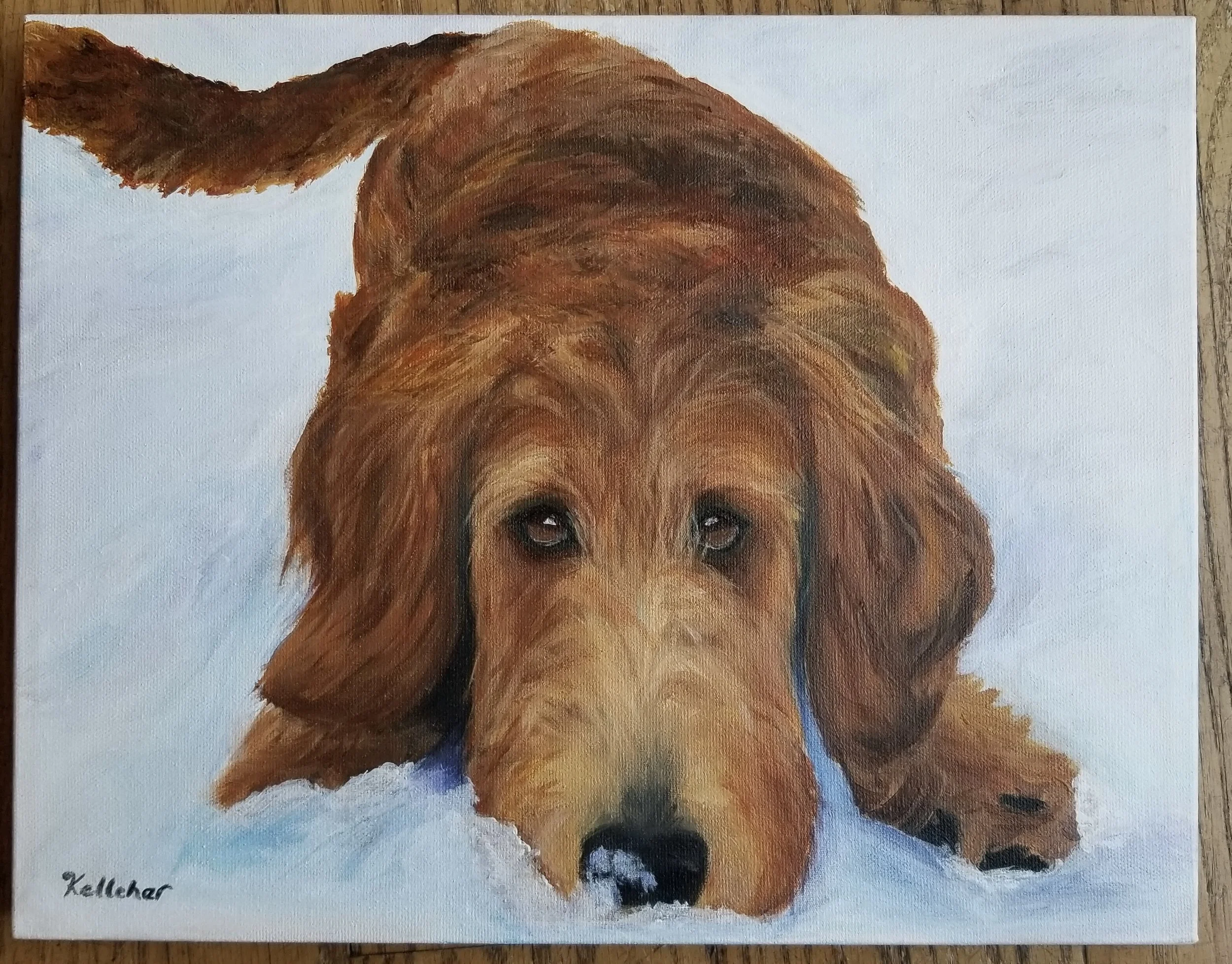 Painting of a brown dog lying on snow, looking directly at the camera. Signed by Kellehar.