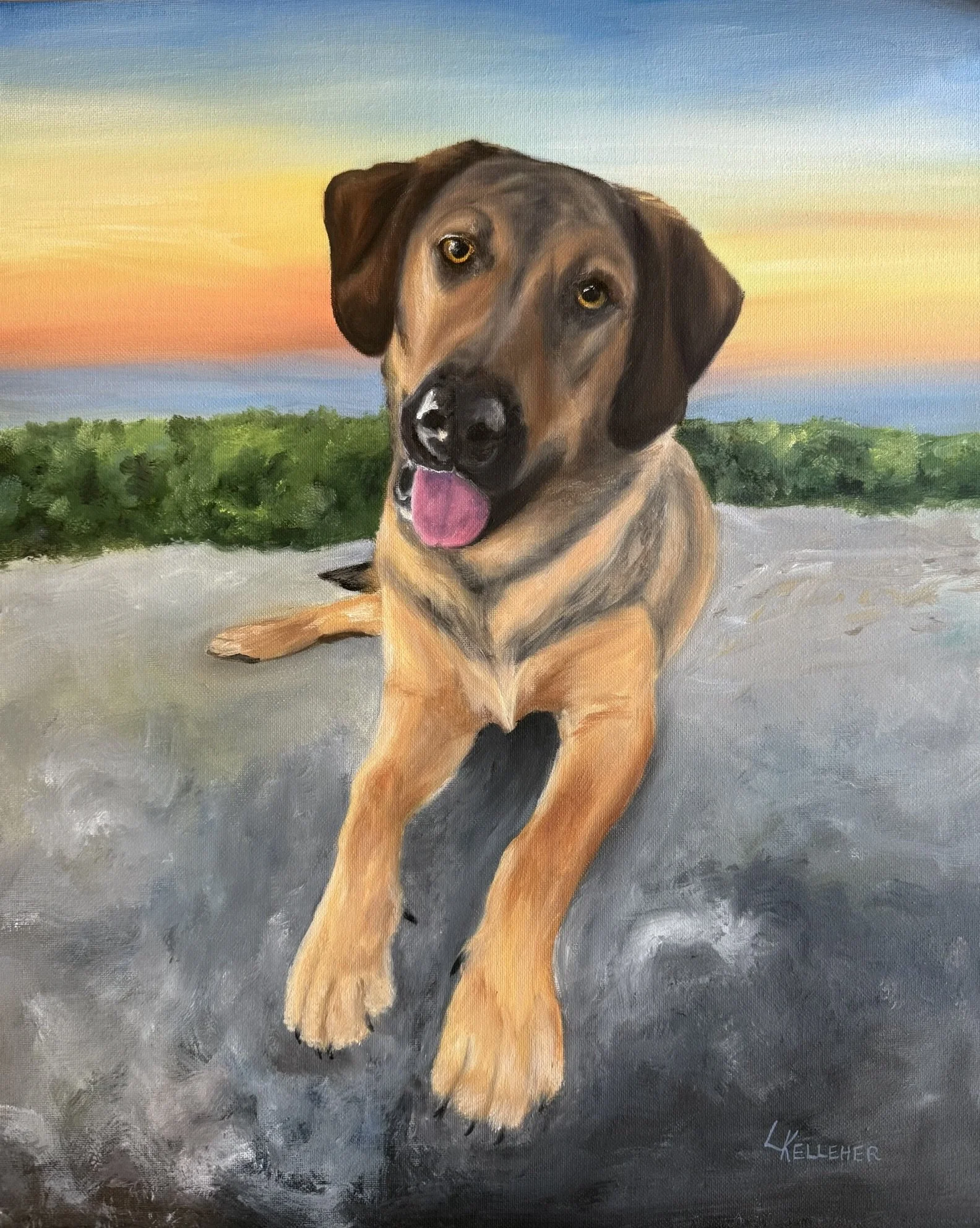 A painting of a dog with a black face mask and light brown body, lying on a pavement with a sunset sky and green bushes in the background.