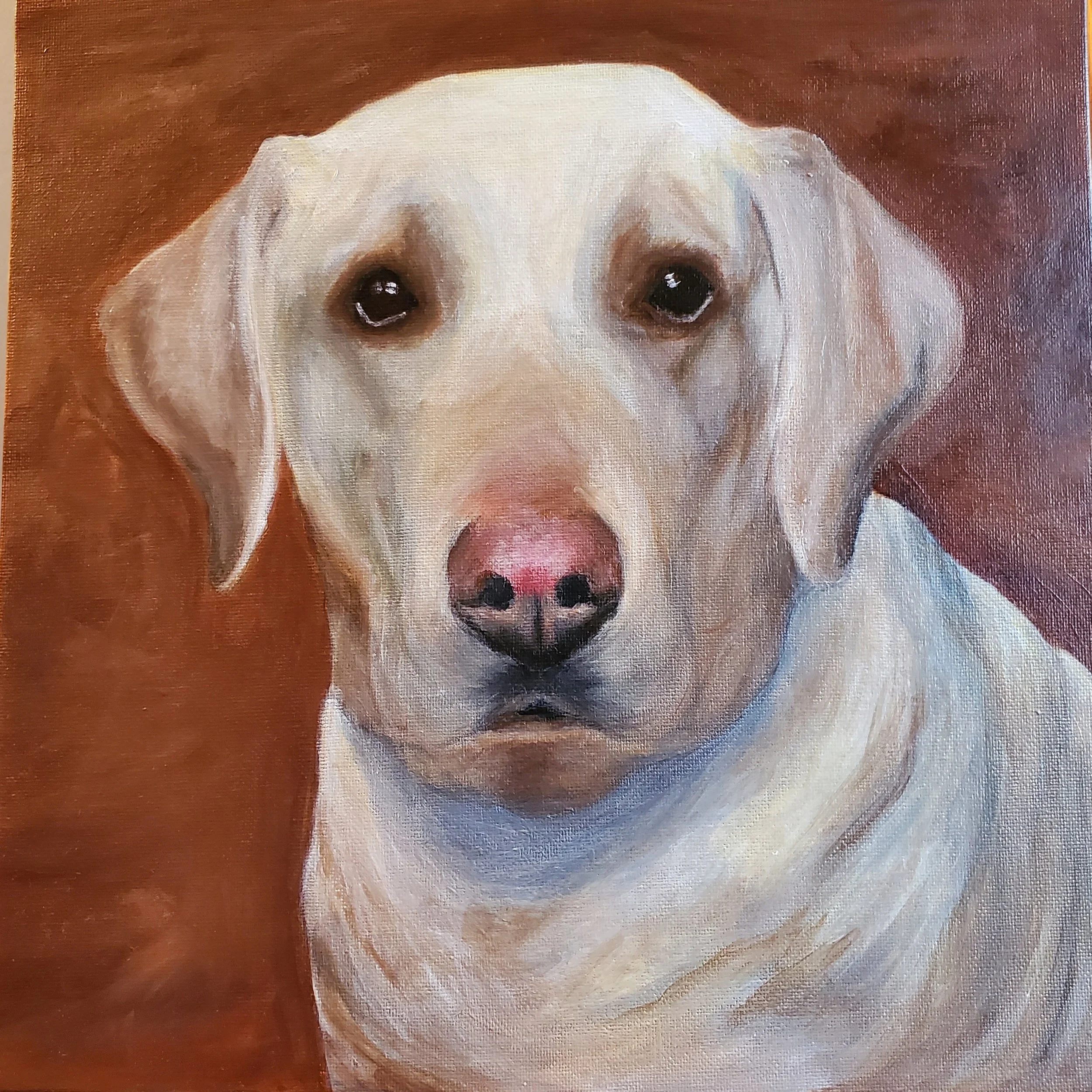 A painting of a Labrador retriever's face with pale yellow fur, looking directly at the viewer, set against a brown background.