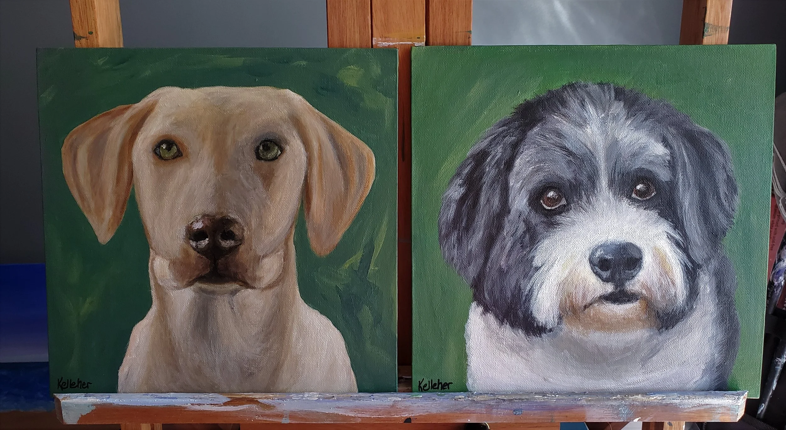 Two painted portraits of dogs on canvas, one light-colored with floppy ears and the other with darker and white fur.
