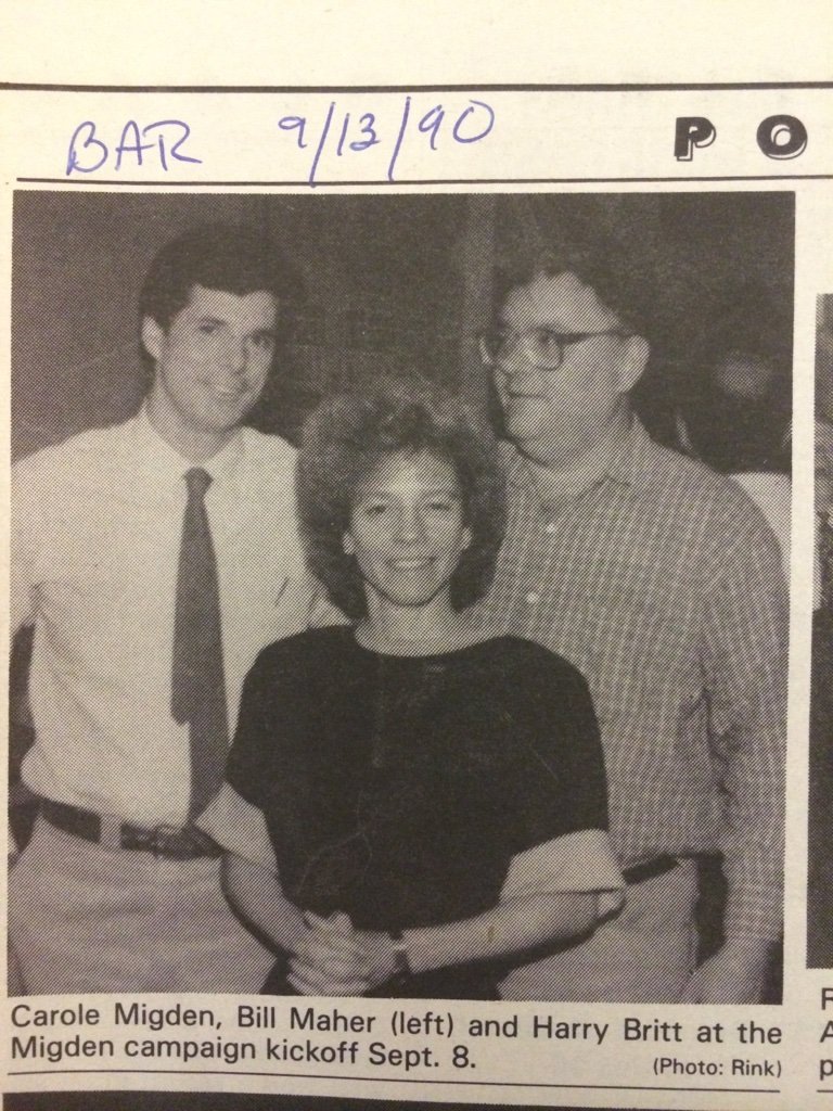 Black and white photo of three people, Carole Migden, Bill Maher, and Harry Britt, at a campaign kickoff event on September 8.