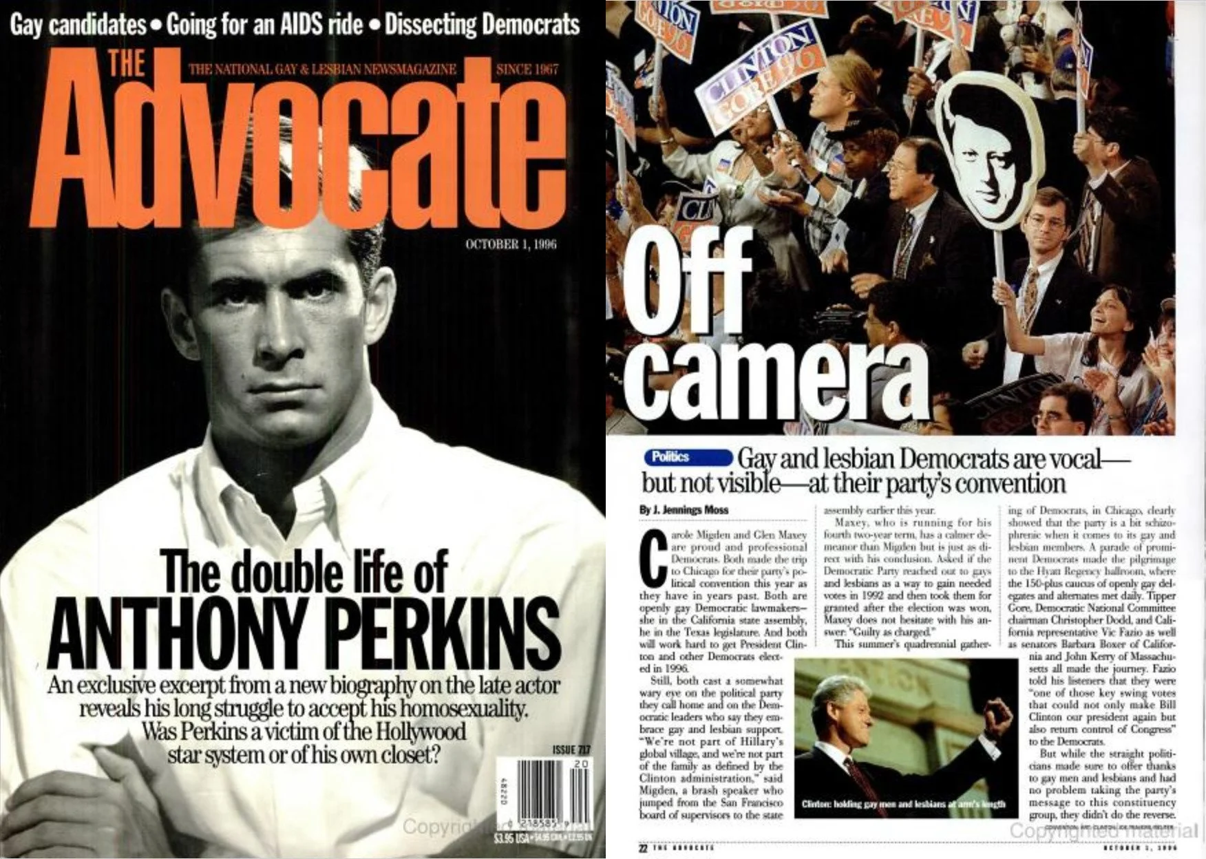 Magazine cover featuring a black-and-white photo of actor Anthony Perkins with the headline, 'The double life of Anthony Perkins.' The magazine is 'The Advocate,' and the issue date is October 1, 1996.