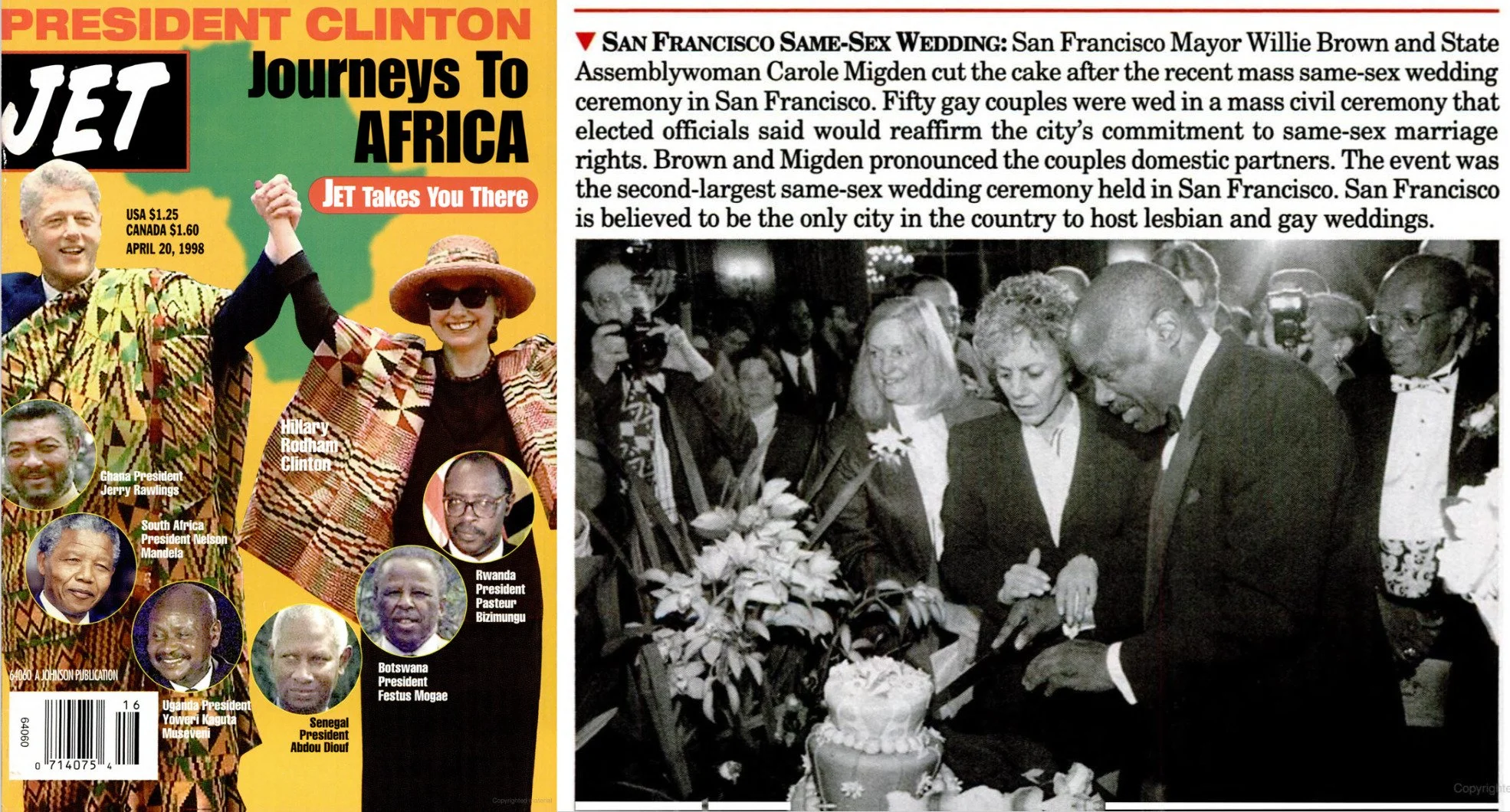 The front page of Jet magazine from April 20, 1998, featuring a photo of Hillary Rodham Clinton and others celebrating a same-sex wedding in San Francisco, with inset photos of African leaders and headlines about journeys to Africa.