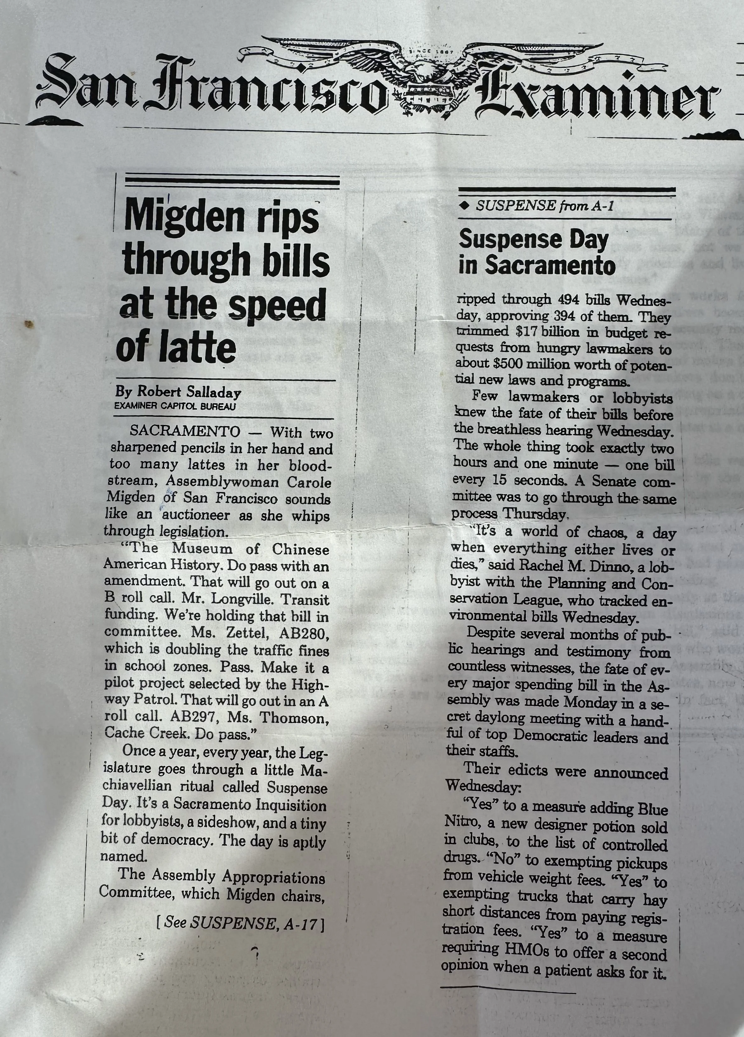 Front page of the San Francisco Examiner newspaper with headlines about Migden ripping through bills at a Senate hearing and details of a suspense day in Sacramento, including legislative actions and protests.