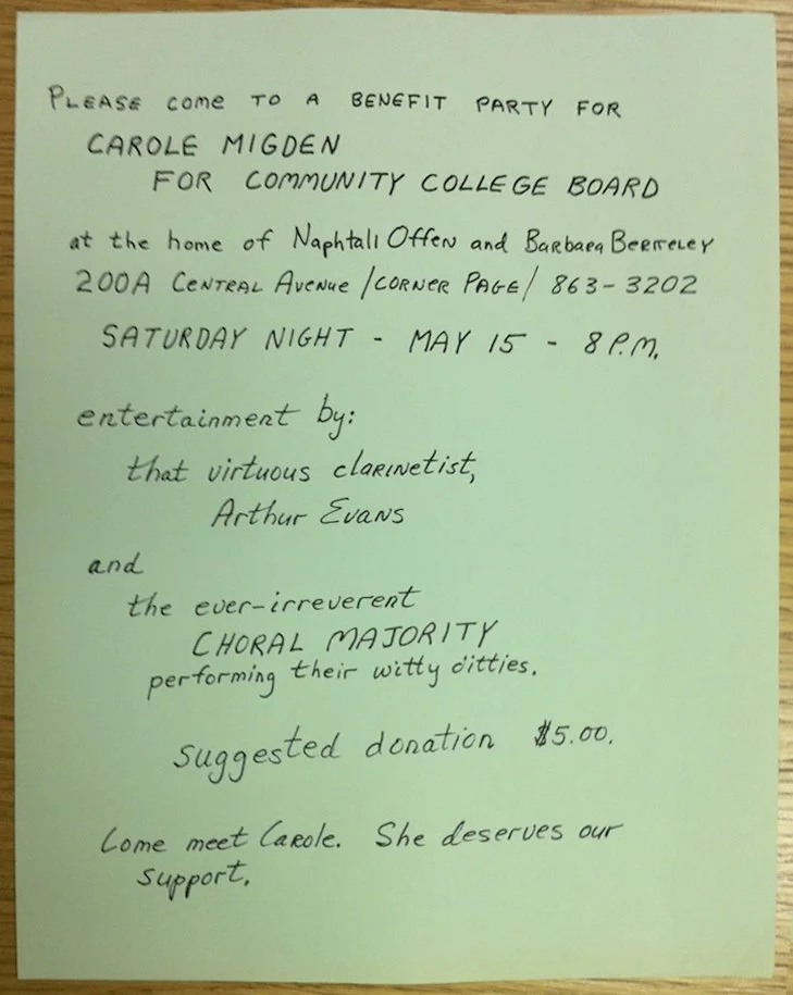 Details of a handwritten benefit party invitation for Carole Migden, hosted by Naphtali Offen and Barbara Berceyer at 200A Central Avenue on Saturday, May 15 at 8 p.m., featuring entertainment by Arthur Evans and the Choral Majority, with a suggested
