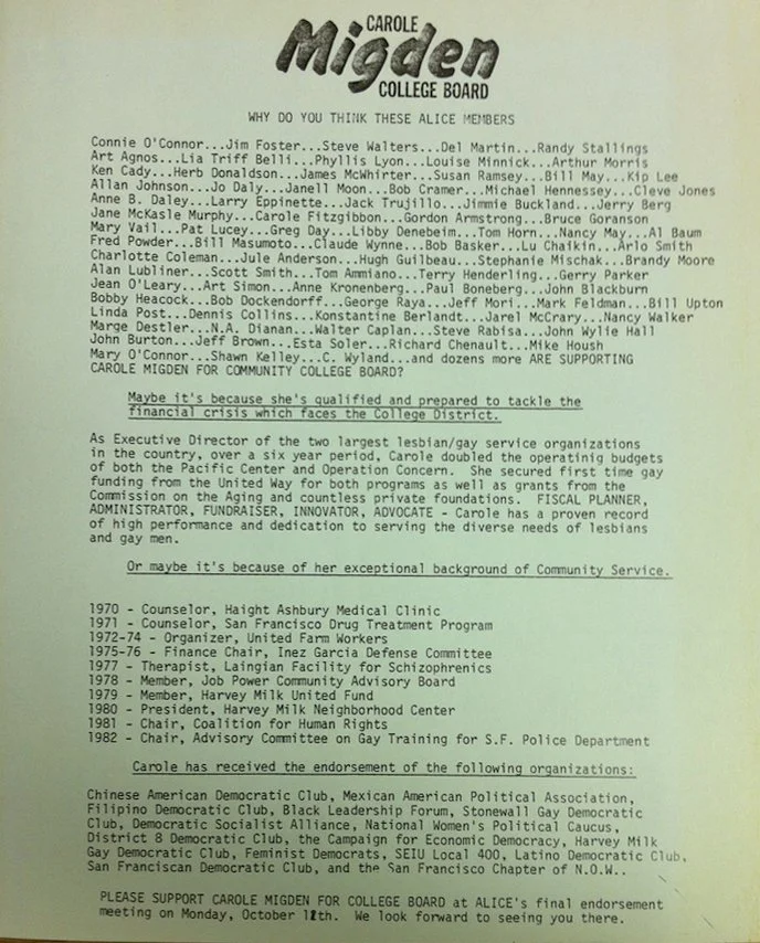 Letter from Carole Migden for college board, highlighting her qualifications and community service background, with a plea for support at the end.