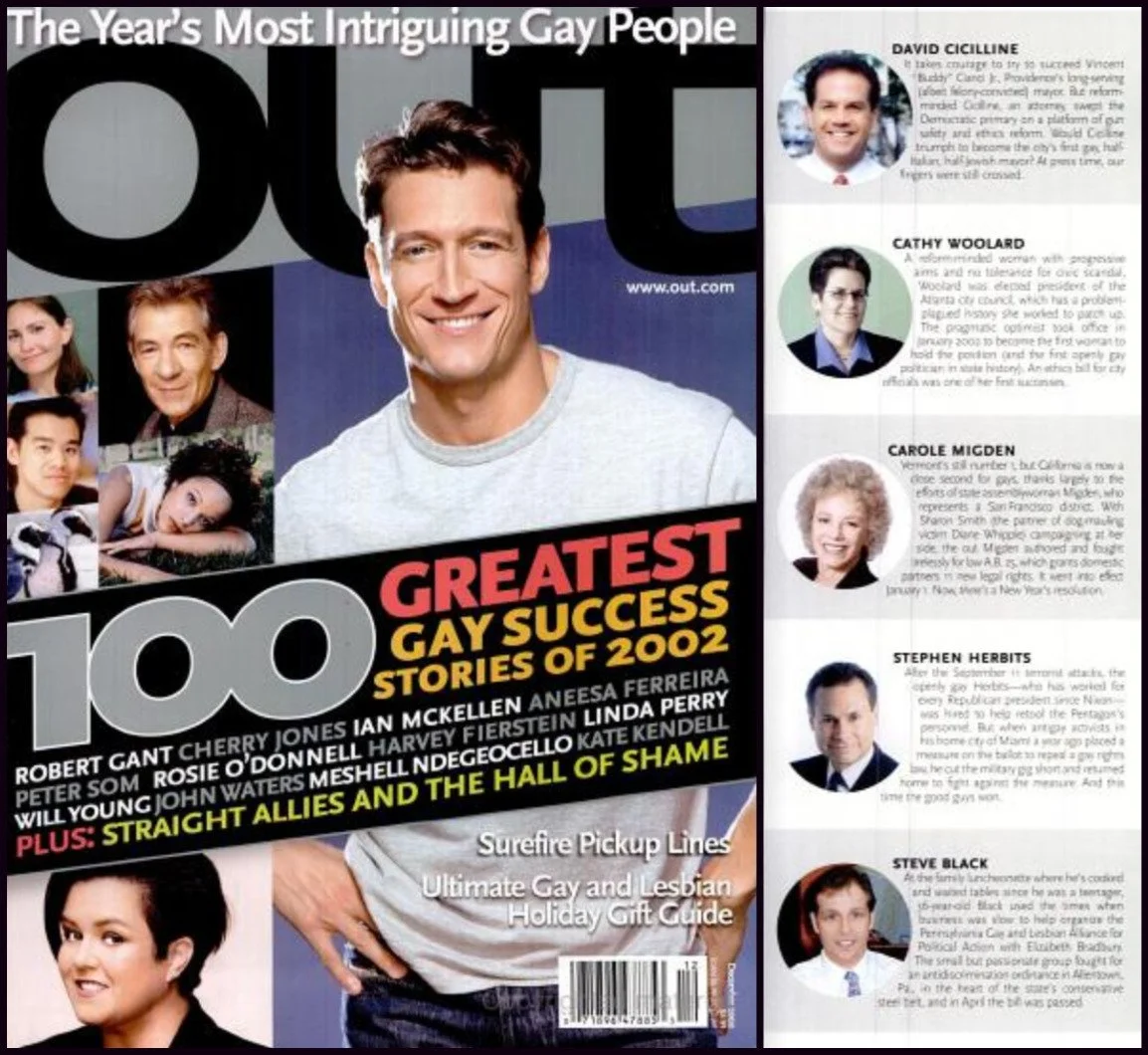 Cover of Out magazine featuring the headline "The Year's Most Intriguing Gay People." The cover shows a smiling man in a gray shirt, surrounded by smaller pictures of five other men, each with a short biography. The magazine highlights '100 Greatest 