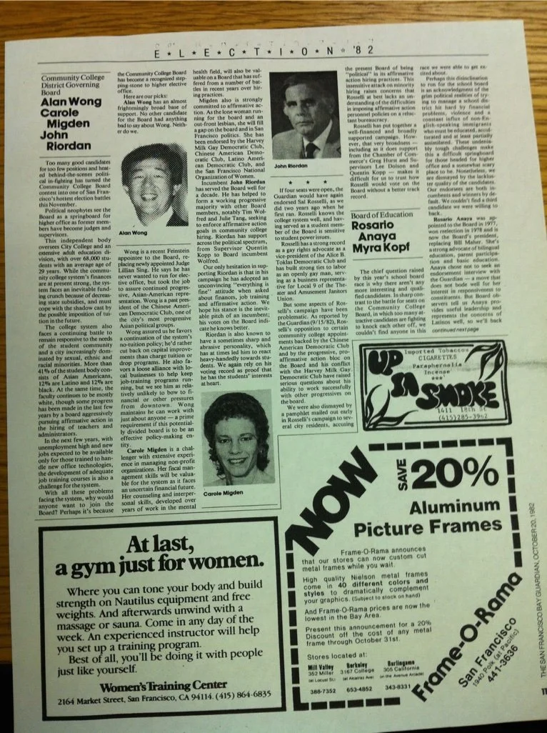 Newspaper page featuring articles about community college board members and education, with black-and-white photos of John Riodon and Carole Migden, and an advertisement for aluminum picture frames and a women's training center.