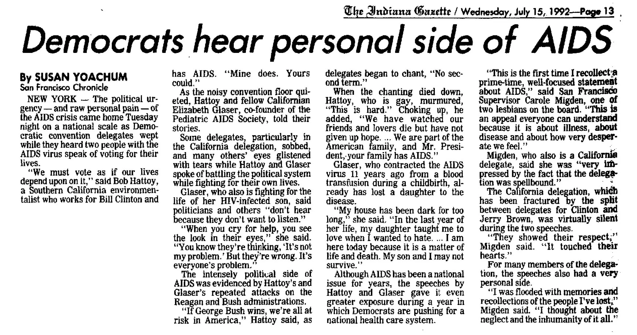 Newspaper article titled "Democrats hear personal side of AIDS" from The Indiana Gazette, dated July 15, 1992, page 13, written by Susan Yoachum, discussing personal stories and political issues related to AIDS from the perspective of Democratic dele