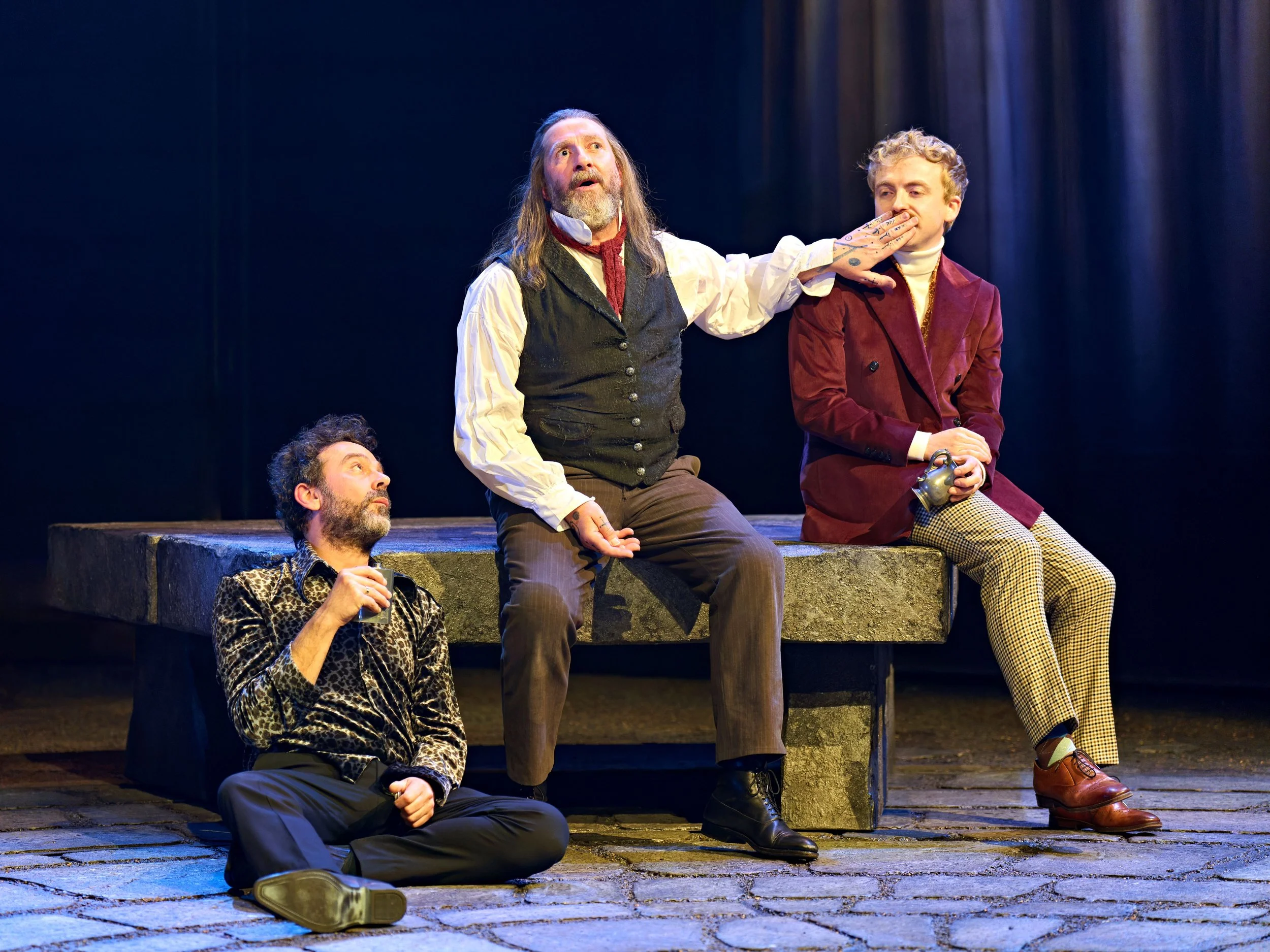 145 - Milo Twomey (Sir Toby Belch), David Birrell (Feste) and James Chetwood (Sir Andrew Aguecheek) in Twelfth Night. Photo by Manuel Harlan..jpg