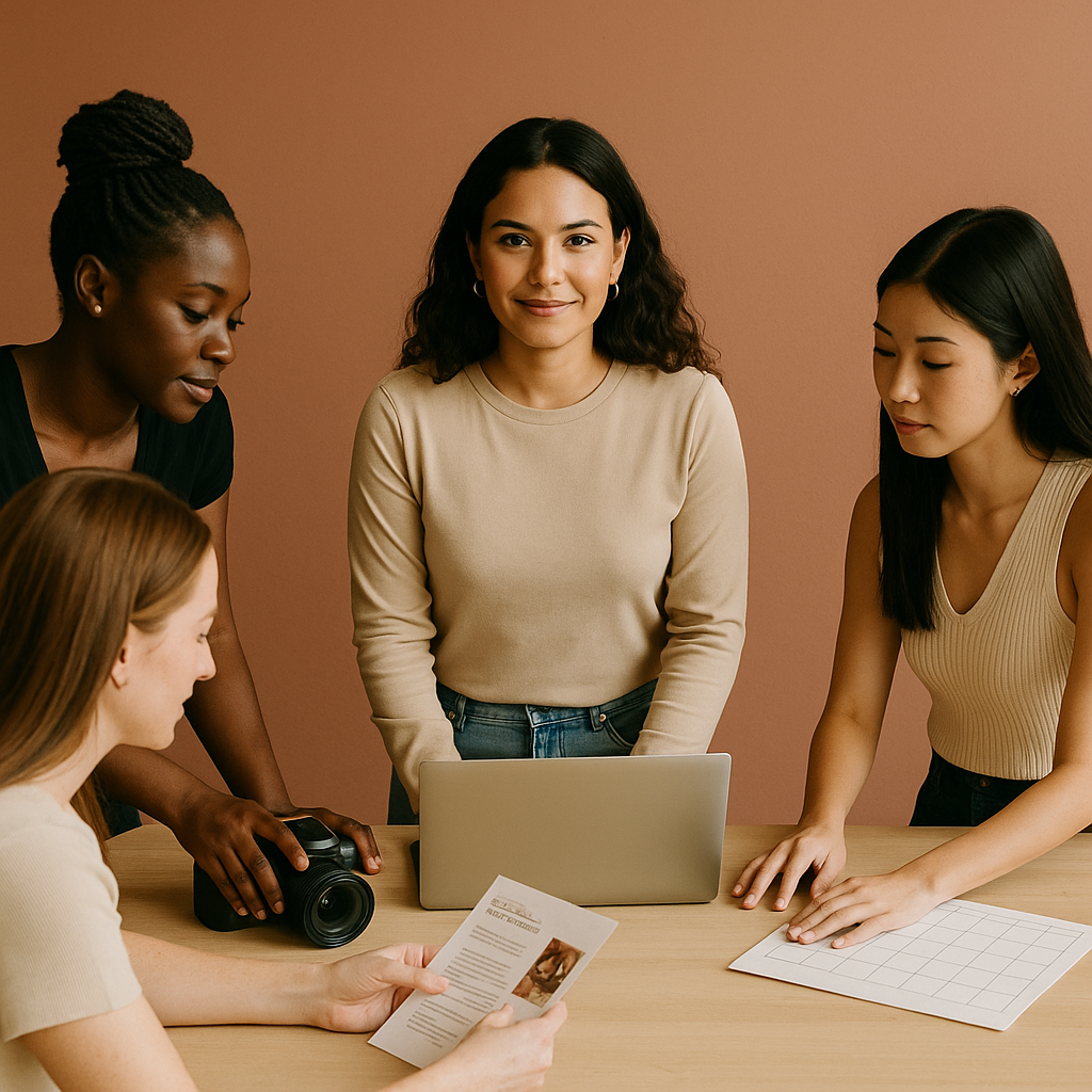 Five women working together around a table with a laptop, camera, and documents, in an indoor setting with a neutral-colored wall.